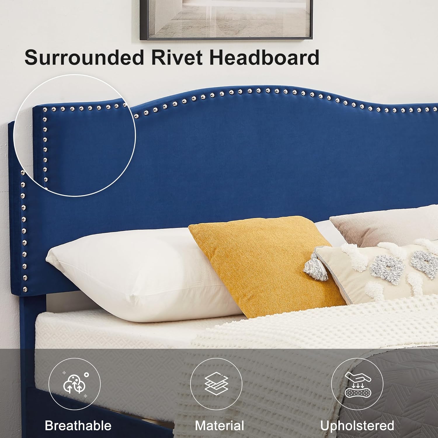 VECELO Twin Bed Frame, Platform Bed Frame with Adjustable Height Upholstered Headboard, Heavy-Duty Frames and Strong Wooden Slats Support, Non-Slip and Noise-Free, Easy Assembly, Dark Blue