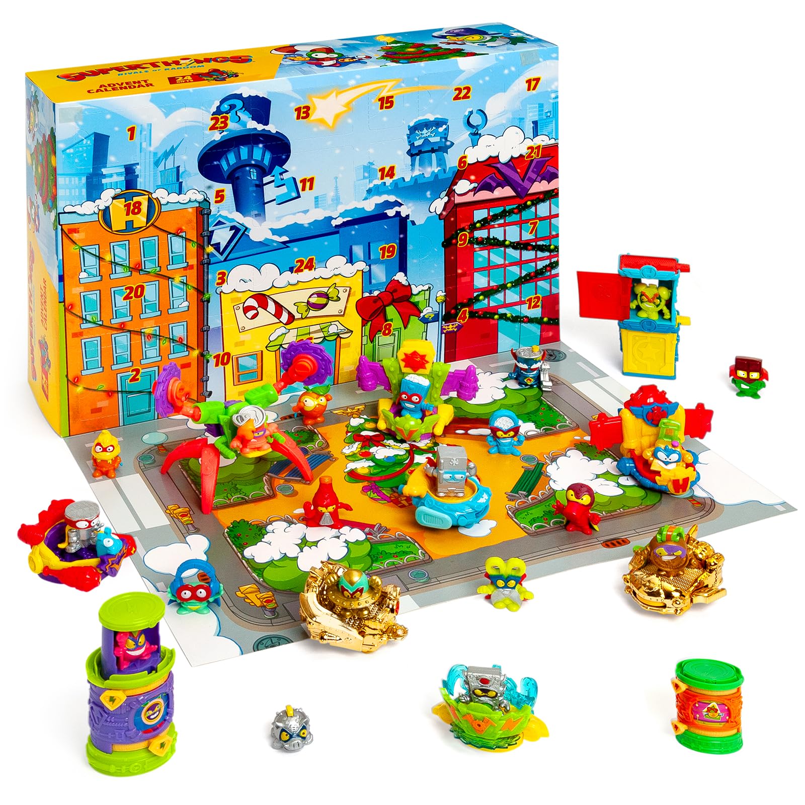 Superthings Adventskalender mit 24 besonderen Geschenken und Überraschungen. Enthält Minifiguren von Superthings, Hideouts, Jets, Exoskeletons und Special Vehicles
