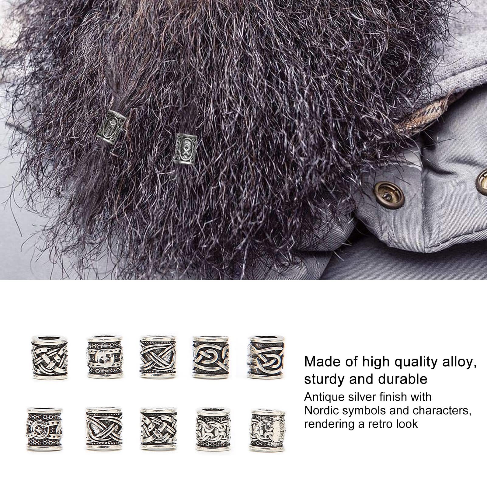 Luqeeg Cuentas de Barba Vikinga, 10 Unidades, Símbolos Nórdicos, Joyería para Trenzado de Cabello
