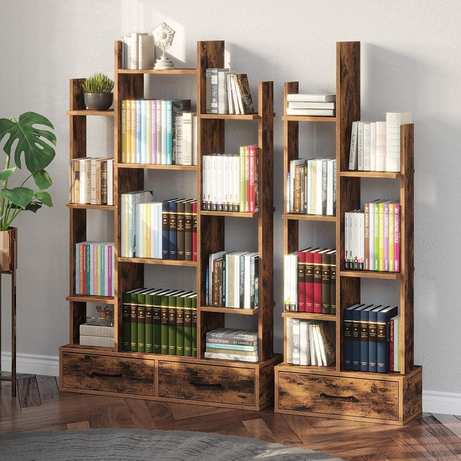 Rolanstar Bookshelf with 2 Wooden Drawers, Rustic Wood Bookshelves, Free Standing Book Shelf Industrial Shelf Free Standing Storage Shelf for Bedroom, Living Room, Home Office, Rustic Brown : Home & Kitchen