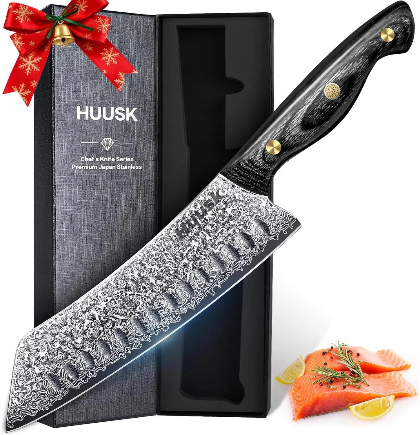 Huusk Damascus Kiritsuke Knife 7inch – Japanese Knives with Sharp Edge and Wooden Handle Hand Forged Chef Knives for Home Use, Meat Vegetables Fish Knives, Christmas Gift for Men and Women