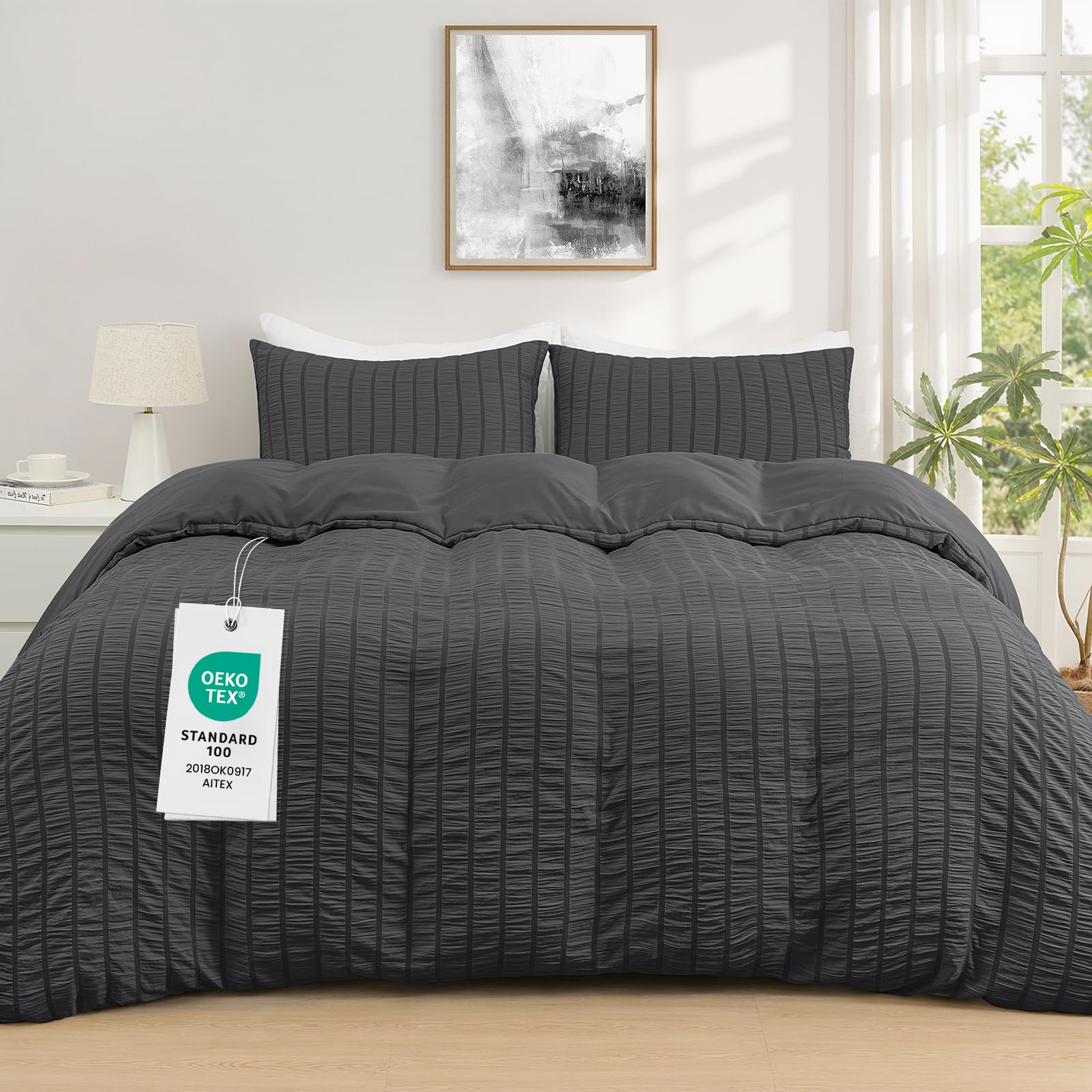 Duvetnova Grey Double Duvet Set Seersucker OEKO-TEX Soft Breathable Microfiber Bedding Set with Zipper Closure All Season 200x200cm with 2 Pillow Cases
