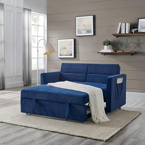 HomSof Sofá biplaza, cama extraíble, respaldo ajustable y dos bolsillos seccionales, estilo H, azul