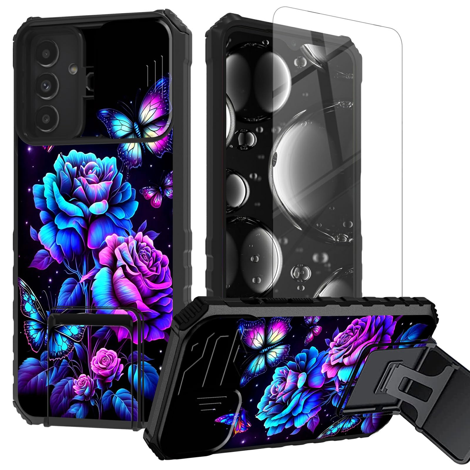 BREIDMKFM for Samsung Galaxy S24 FE Case with Screen Protector & Kickstand & Slide Camera Lens Protector Cover Heavy Duty Dual Layer Rugged Phone Case