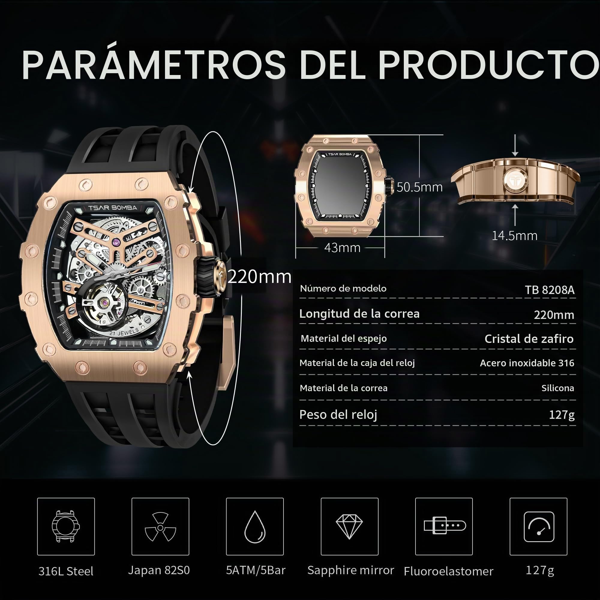 TSAR BOMBA Relojes Hombre Automático Reloj de Pulsera Tonneau Lujo Cristal Zafiro Movimiento Japonés Acero Inoxidable 316 Impermeables 50M Luminos Esqueleto Regalo Hombre