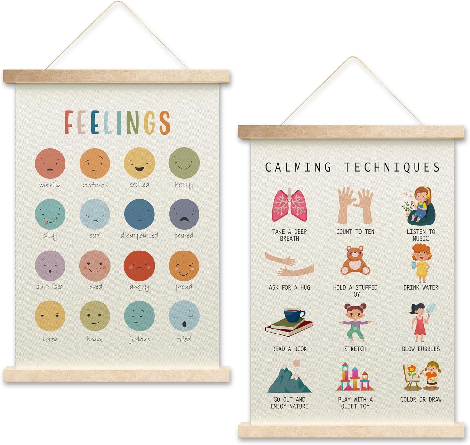 HEZNZXQ Feelings Chart Hanging Flag, Calming Techniques Canvas Wall Art For Counselor Office, Boho Mental Health Poster Hanger, Set Of 2 Motivational Posters, Calm Down Corner Supplies, 13