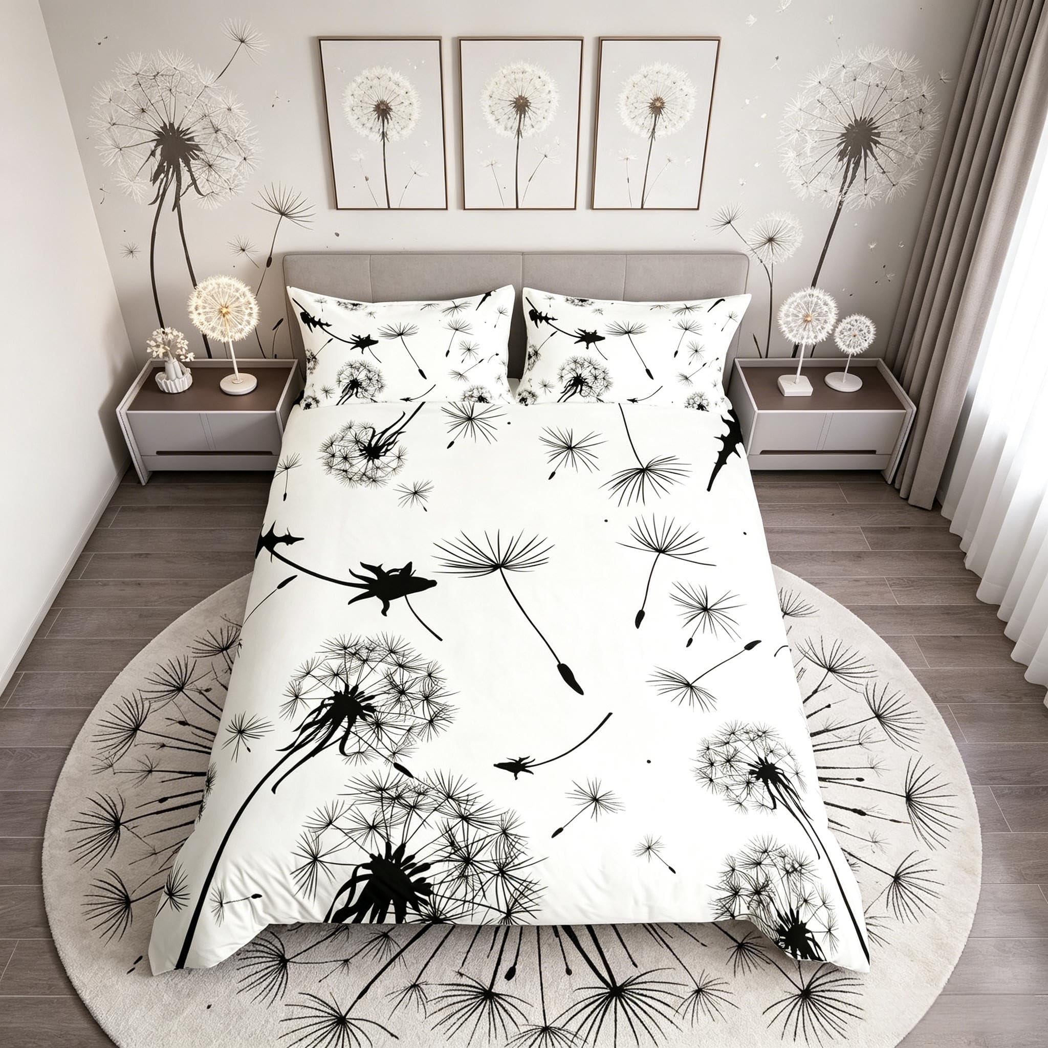 Loussiesd Girls Dandelion Comforter Cover Botanical Floral Print Bedding Set Blossom Flowers Duvet Cover for Children Kids Women Black White Natural Theme Bedspread Cover Room Decor Bedclothes Single