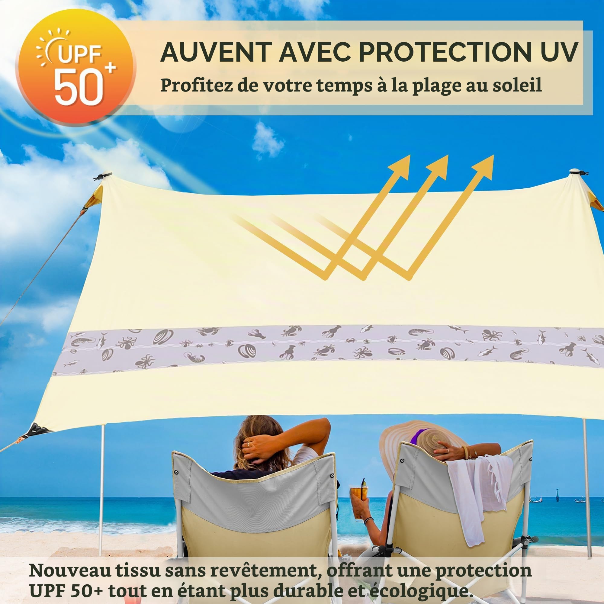 VILLEY Tente de Plage Anti-UV, UPF50+, Abris de Plage pour 3 Personnes | Lycra Tente avec 2 Pièces Poteaux en Aluminium et Sac de Sable pour Camping L'extérieur,2m x 2,4m