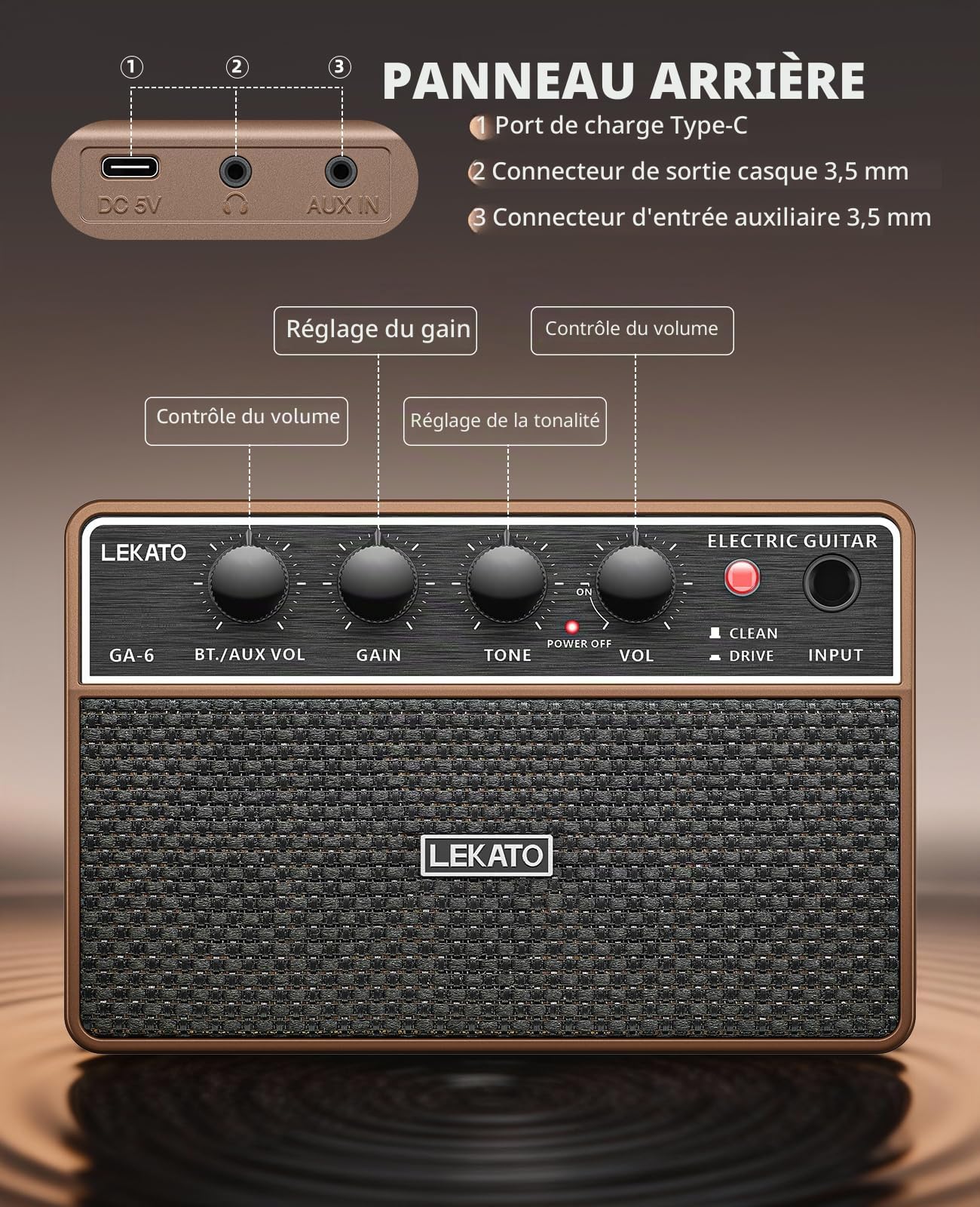 LEKATO Mini amplificateur de guitare électrique rechargeable 10 W avec effets Clean/Overdriver, Bluetooth 5.0, amplificateur de guitare d'entraînement portable pour exercices à domicile et fête