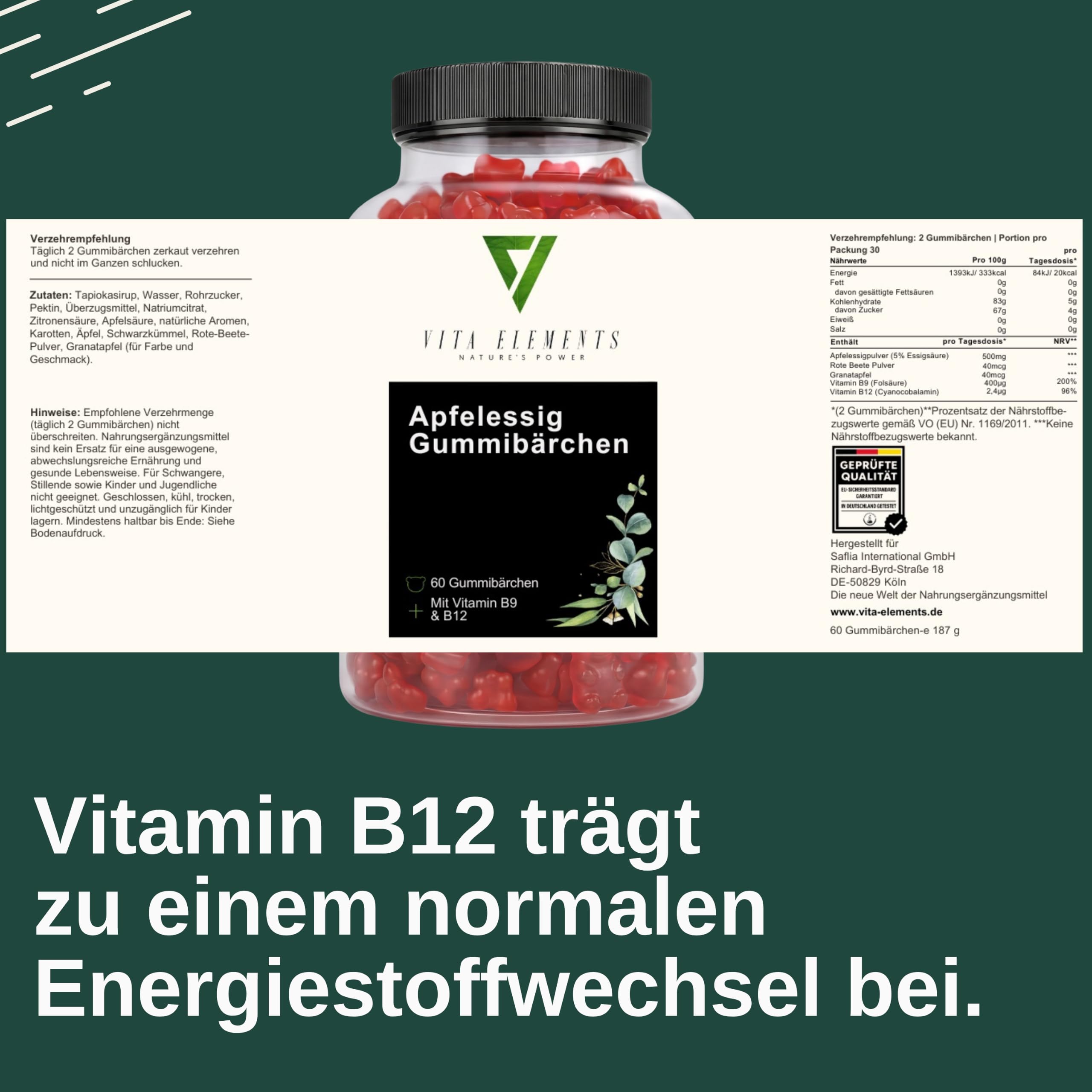 Vita Elements Gomitas de Vinagre de Manzana - 60 Unidades - Con Vitamina B12 y Ácido Fólico - Apoyo al Metabolismo - Vegano - Sin Gluten - Sin Aditivos Artificiales - Probado en Laboratorio (5)