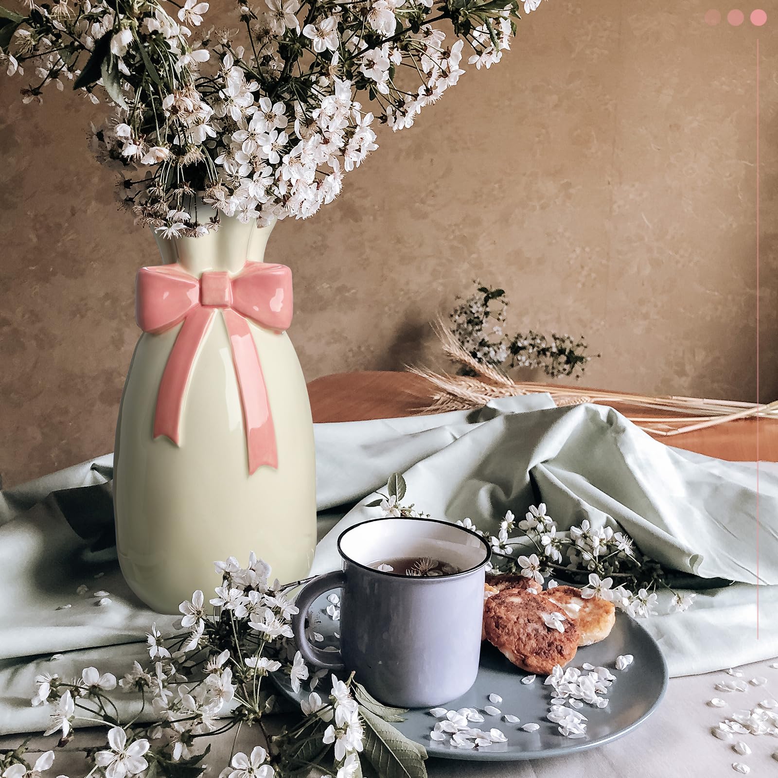 Florero de cerámica rosa para flores, bonito jarrón de flores de 9.3 pulgadas con lazo rosa decoración de habitación para decoración del hogar para estante mesa sala de estar 3