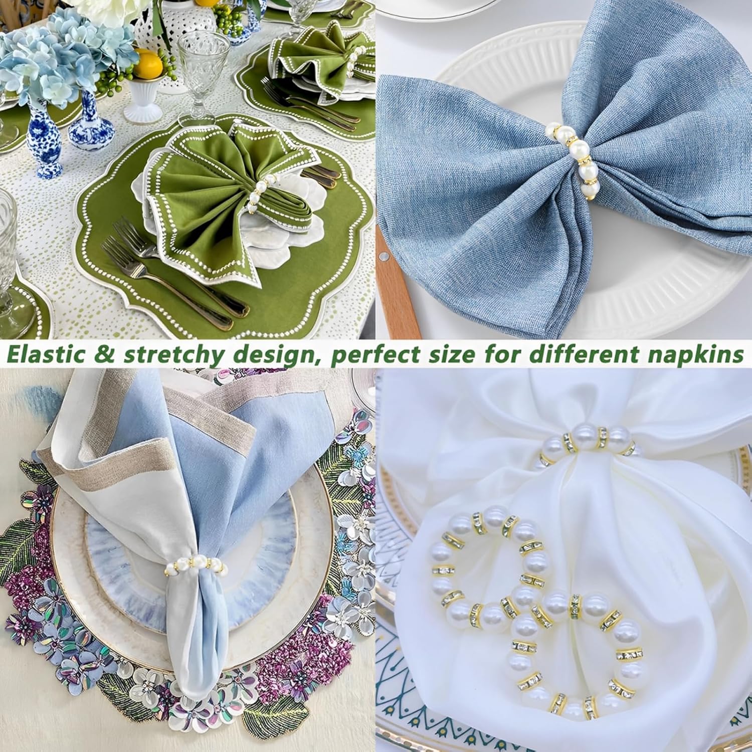 NCONCO 100pcs Pearl Napkin Rings, Imitation Pearl Beaded Napkin Rings Elegant Rhinestone Serviette Rings Buckle Dining Table Decor for Formal Wedding Home Dinner Party