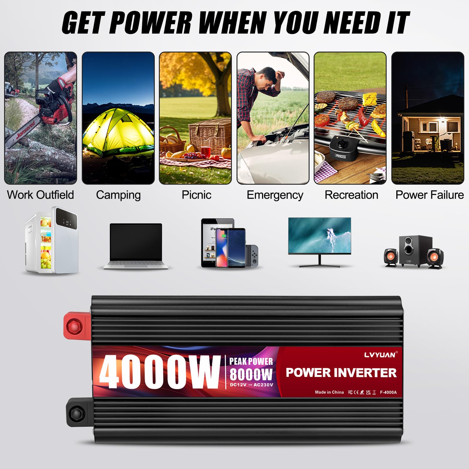 Yinleader Convertisseur 12v 220v 4000W Onduleur /8000W Transformateurde avec écran LCD, télécommande sans Fil, Port USB