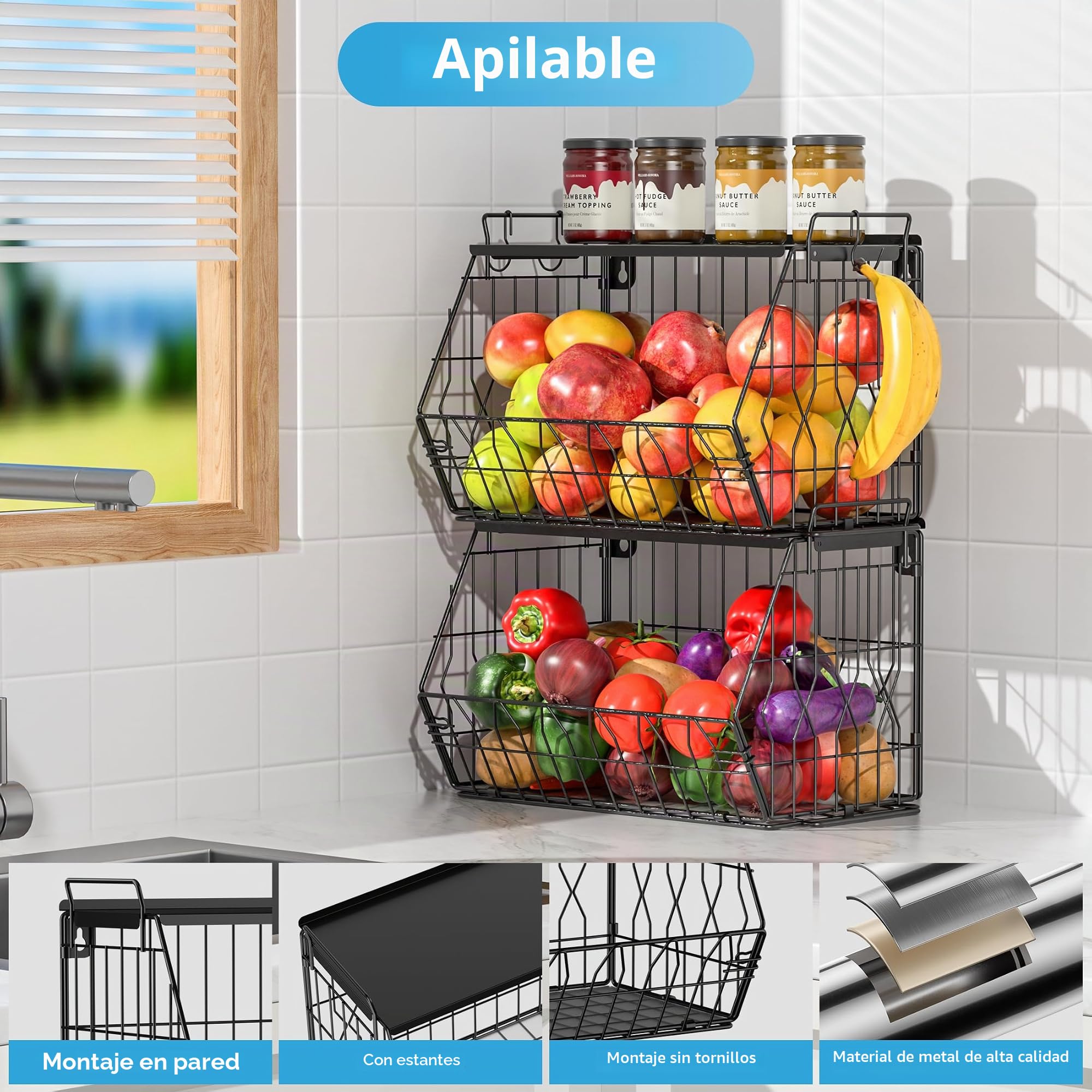Ezprotekt Paquete de 2 cestas de frutas apilables con tapas de metal, cesta de frutas, cestas de frutas apilables montadas en la pared, cestas de patatas, almacenamiento de cebollas para cocina, cesta