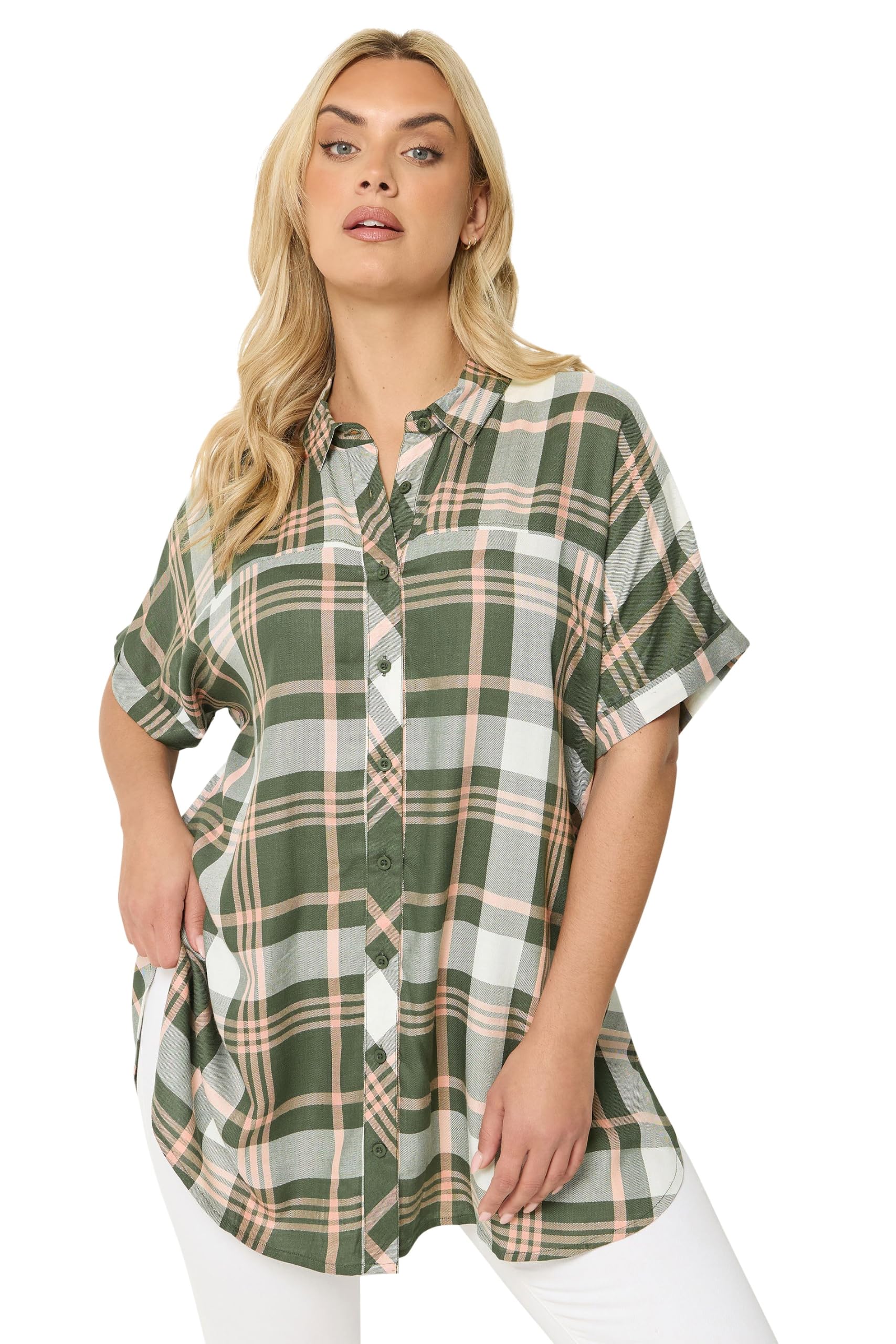 Yours Women's Olive Short Sleeve Check Shirt In | : 26/28