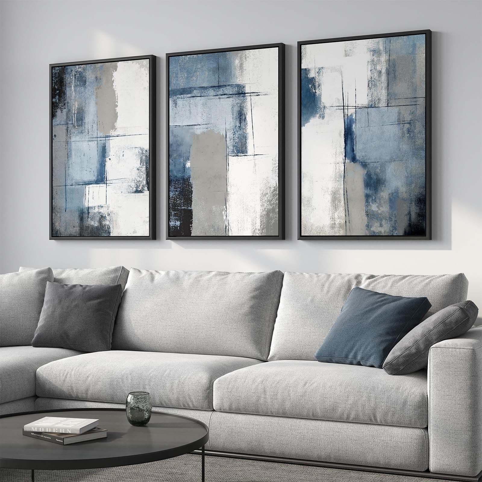 Cuspin Large Framed Blue and Grey Abstract Wall Art for Living Room, 3 Piece Mod — product photo