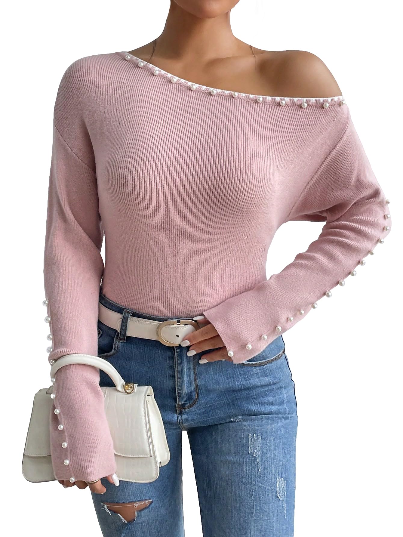 WDIRARA Womens Pearls Beaded One Cold Shoulder Sweater Long Sleeve Asymmetrical Knit Top