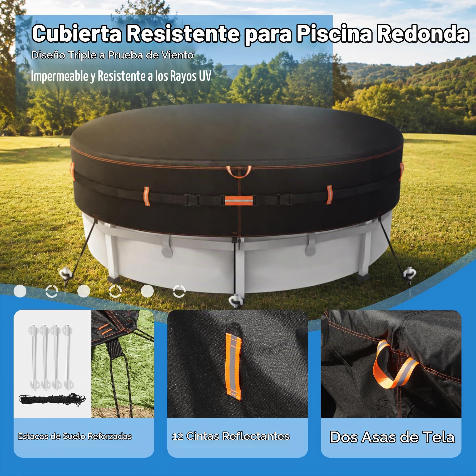 Cubierta redonda 500D para piscinas sobre el suelo, cubierta de piscina resistente al desgarro de uso intensivo con cordón, correa reforzada y clavijas de suelo, protección UV resistente al