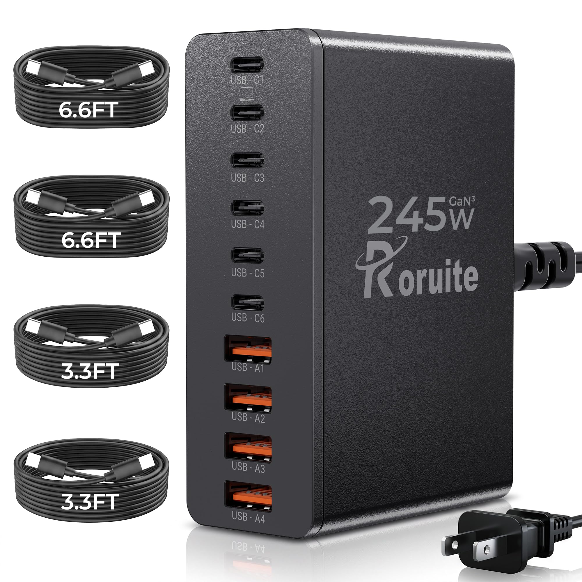 USB C Charging Station 10 Port with 4 Cables,245W GaN Charger Block | Type C Wall Charger Power Strip Adapter Plug for iPad iPhone17 16 15 14 13 12 Pro Max Pixel Note Galaxy Black