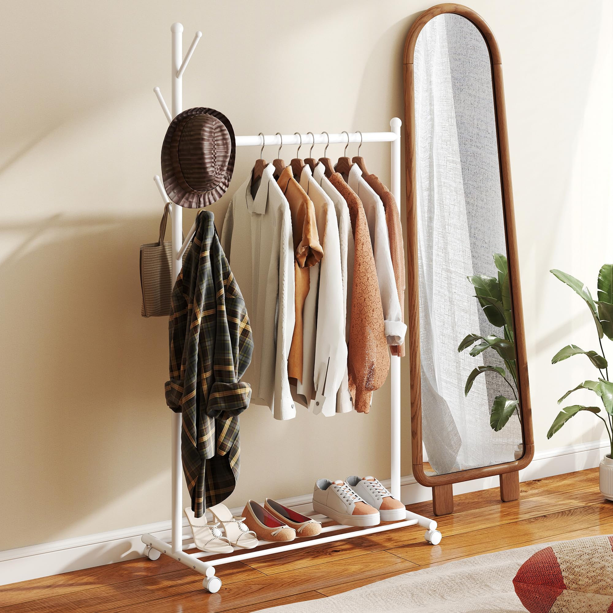 HOMCOM Burro Ropa con Ruedas, Perchero Burro Ropa con 5 Ganchos Barra para Colgar y Balda Inferior Perchero para Recibidor, Entrada, Dormitorio, 86x43x171 cm, Blanco