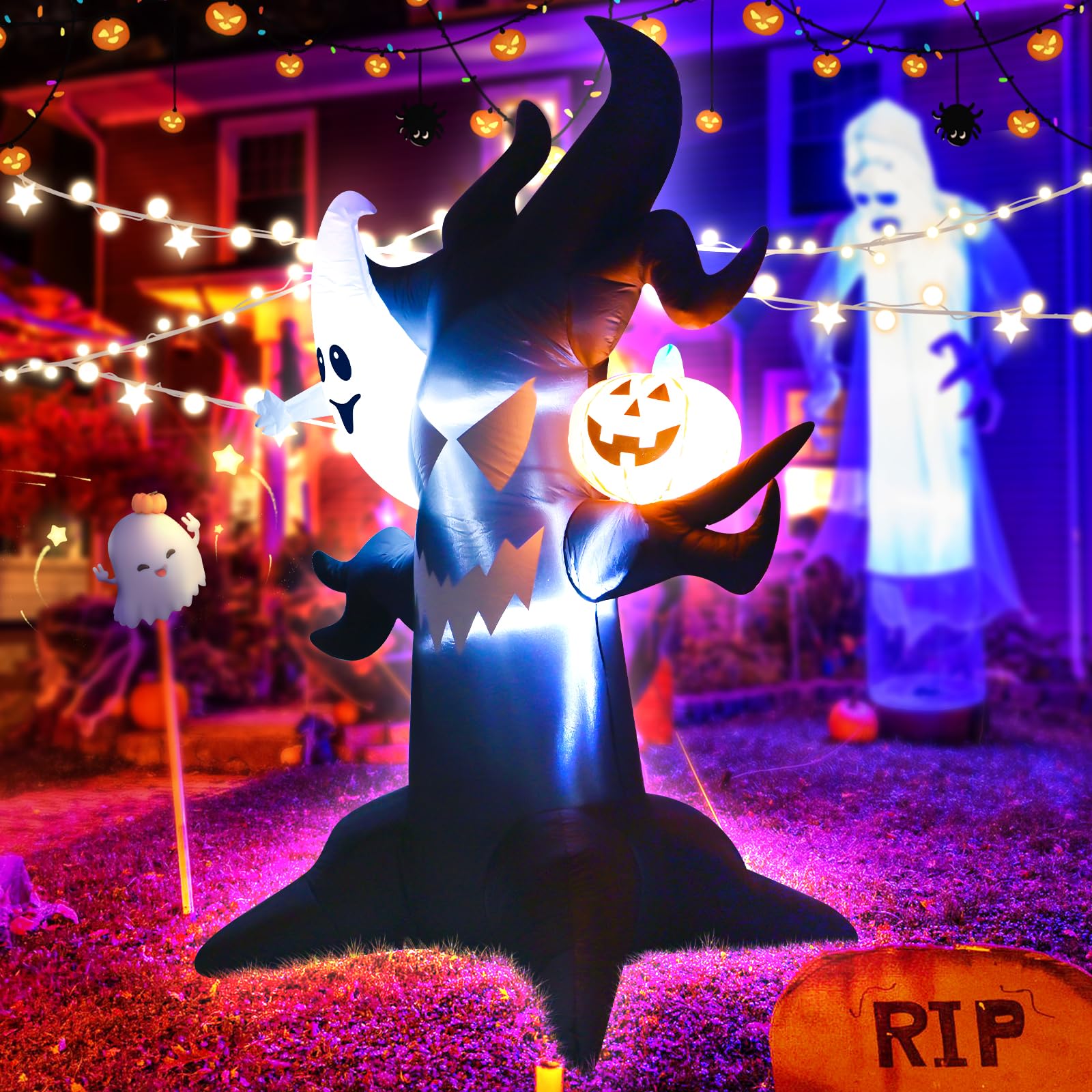 Albero infestato gonfiabile per Halloween, 1,8 m, con fantasma luminoso e zucca a LED, decorazione spettrale per esterni, per cortile, feste, casa infestata, impermeabile, facile da installare