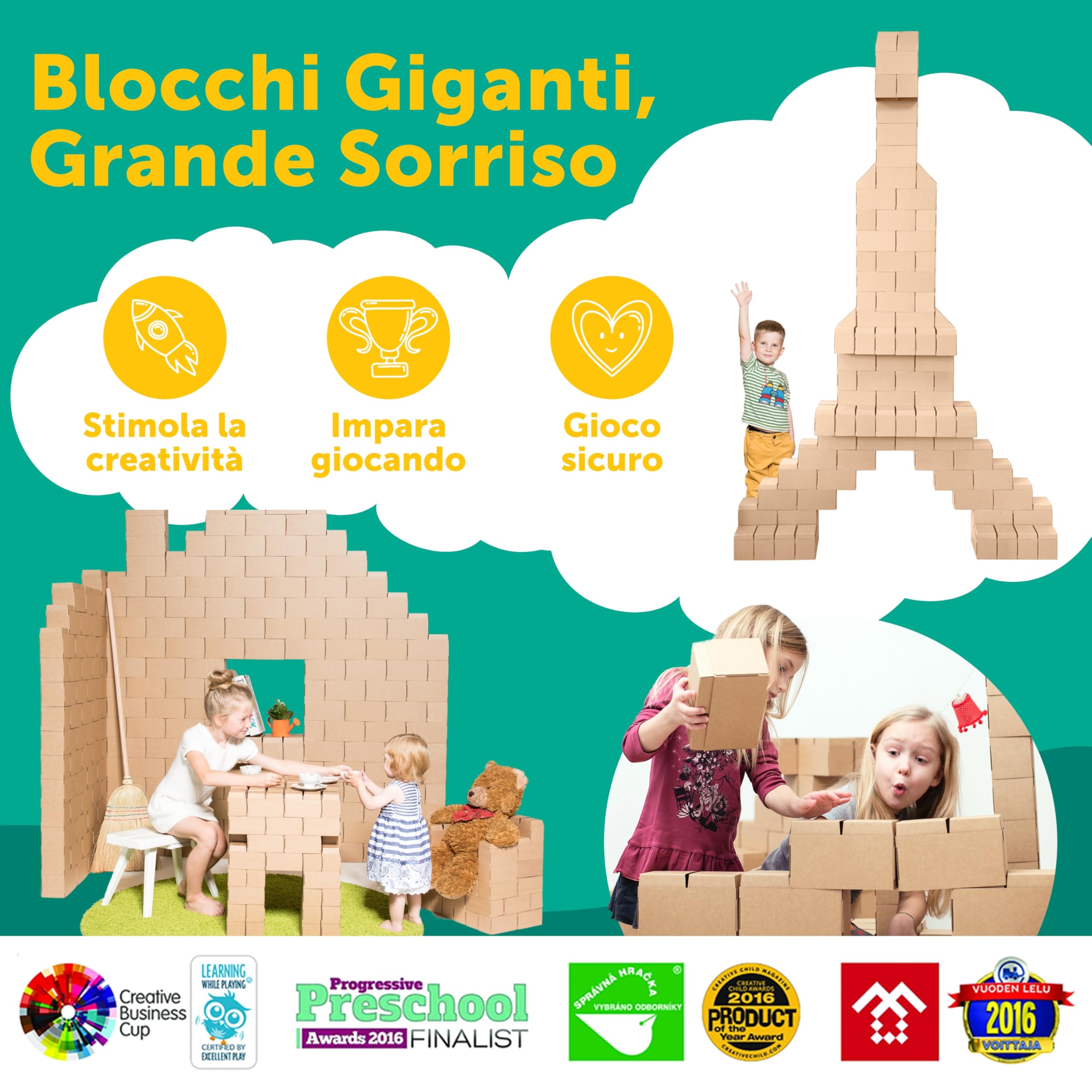 GIGI Bloks 100 Mattoncini Costruzioni Grandi per Bambini XXL Impilabili & Incastro | Cartone Blocchi Costruzioni per Bambini Robusti e Facili da Montare | Grandi Giochi Montessori Creativi & Educativi