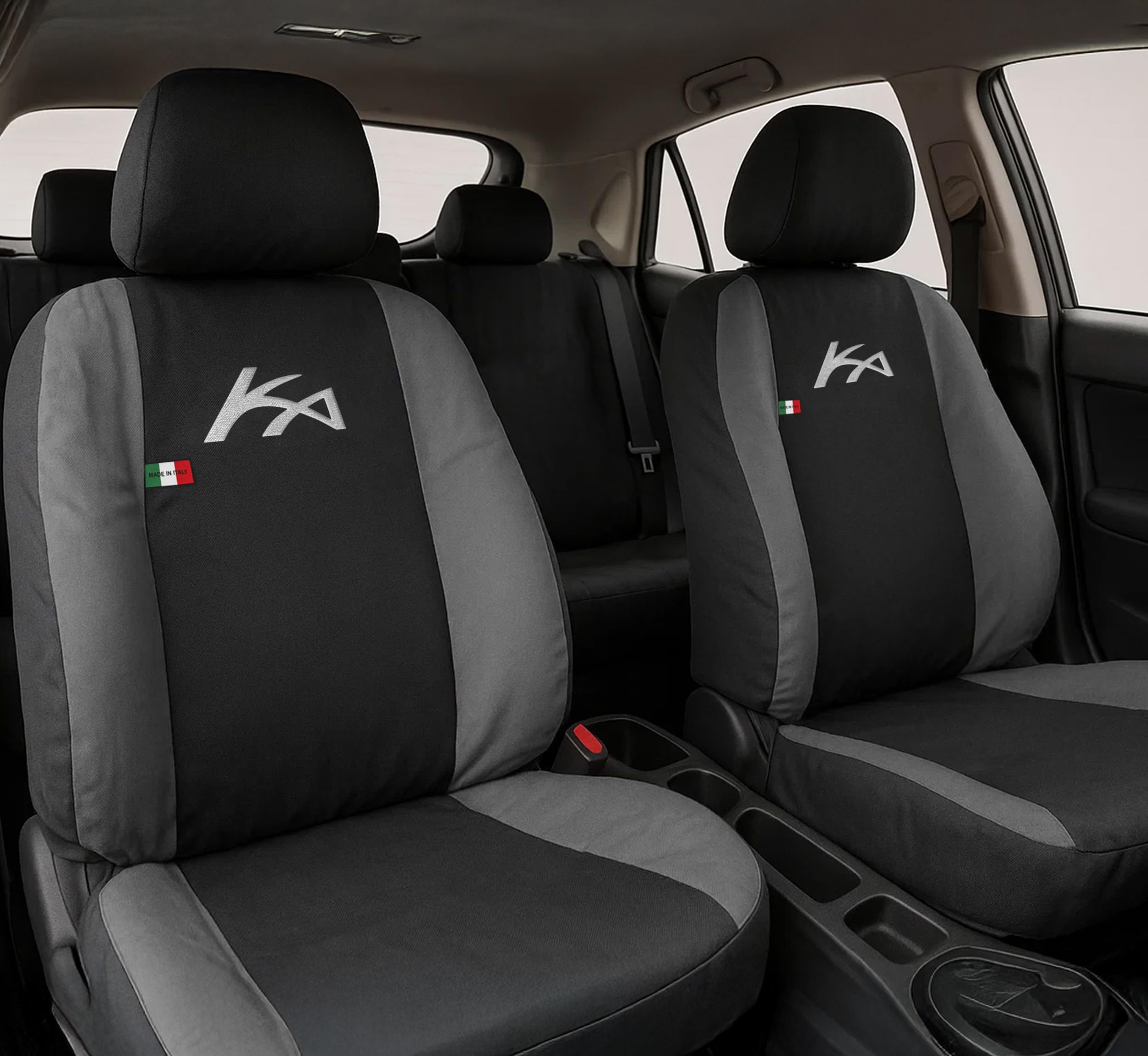 Auto Accessori Lupex - Sitzbezüge für Autositz, kompatibel Autositzbezüge für KA, schwarz dunkelgrau, Made in Italy, Set Sitzbezüge für Vorder- und Rücksitze, Polyester-Gewebe, Auto-Innenbezüge