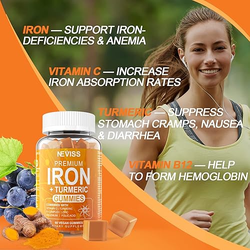 Miniatura 9 de Paquete de 2 gomitas de hierro con cúrcuma, vitamina C + sin azúcar, cúrcuma rellenas con mezcla pre, pro y postbiótica para mujeres y hombres,