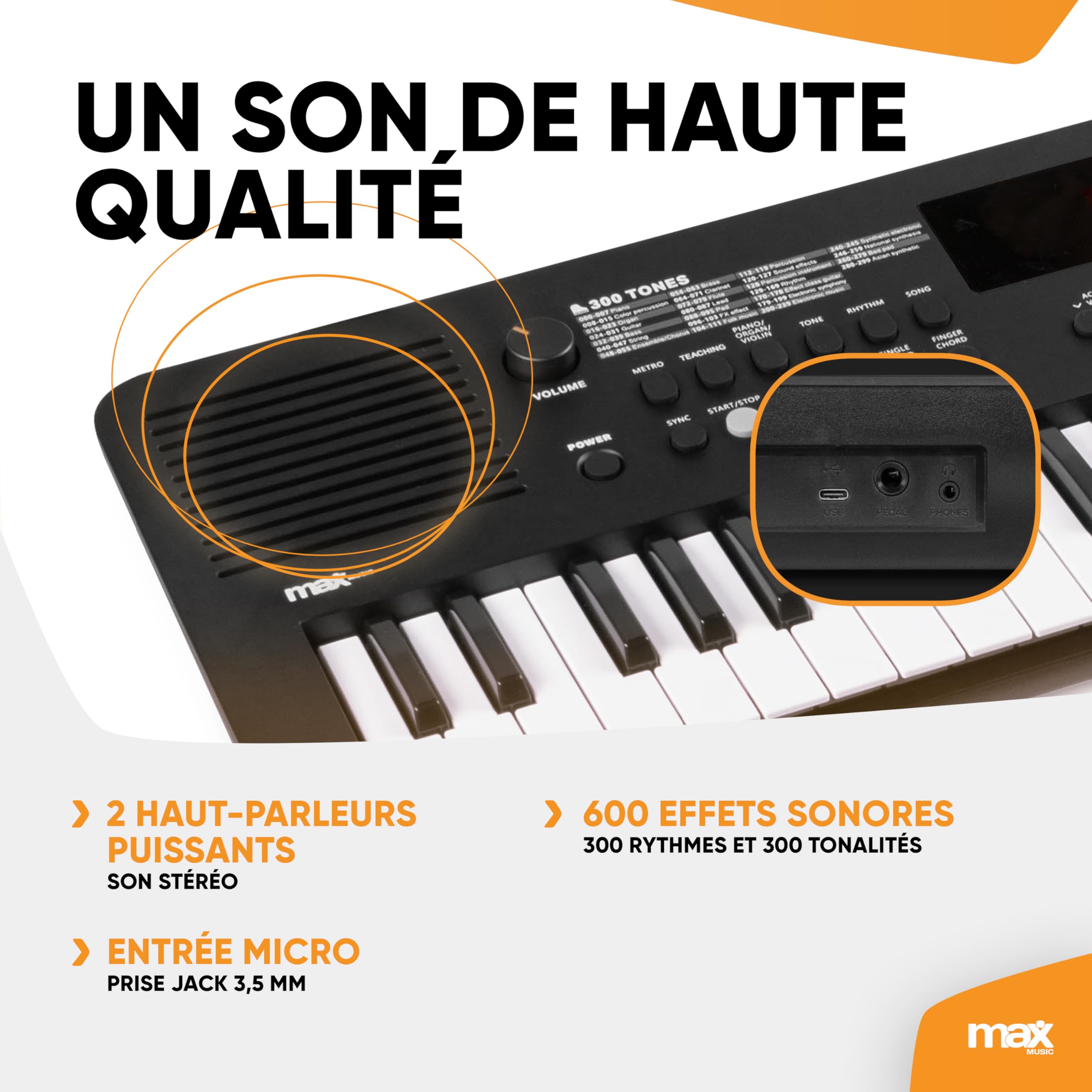Max Rhapsody49 Clavier Électronique 49 Touches, Synthétiseur Enfant, Alimentation USB-C, Différents Modes d'Apprentissage, Deux Haut-parleurs intégrés, Idéal pour Démarrer votre Apprentissage