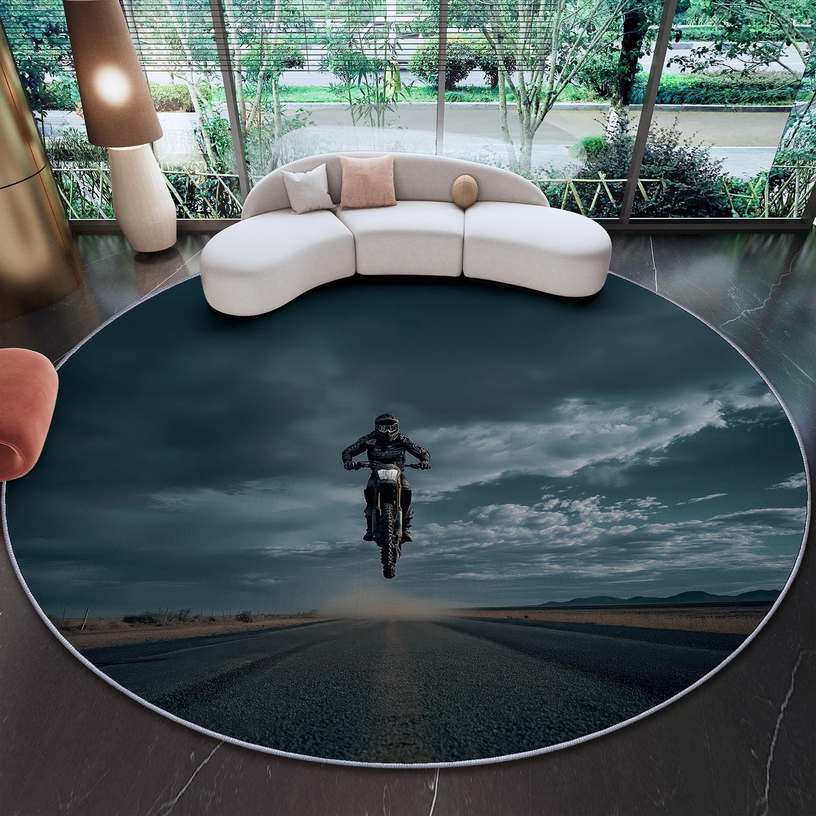 Tapis rond antidérapant motocross bleu foncé imprimé 90 cm