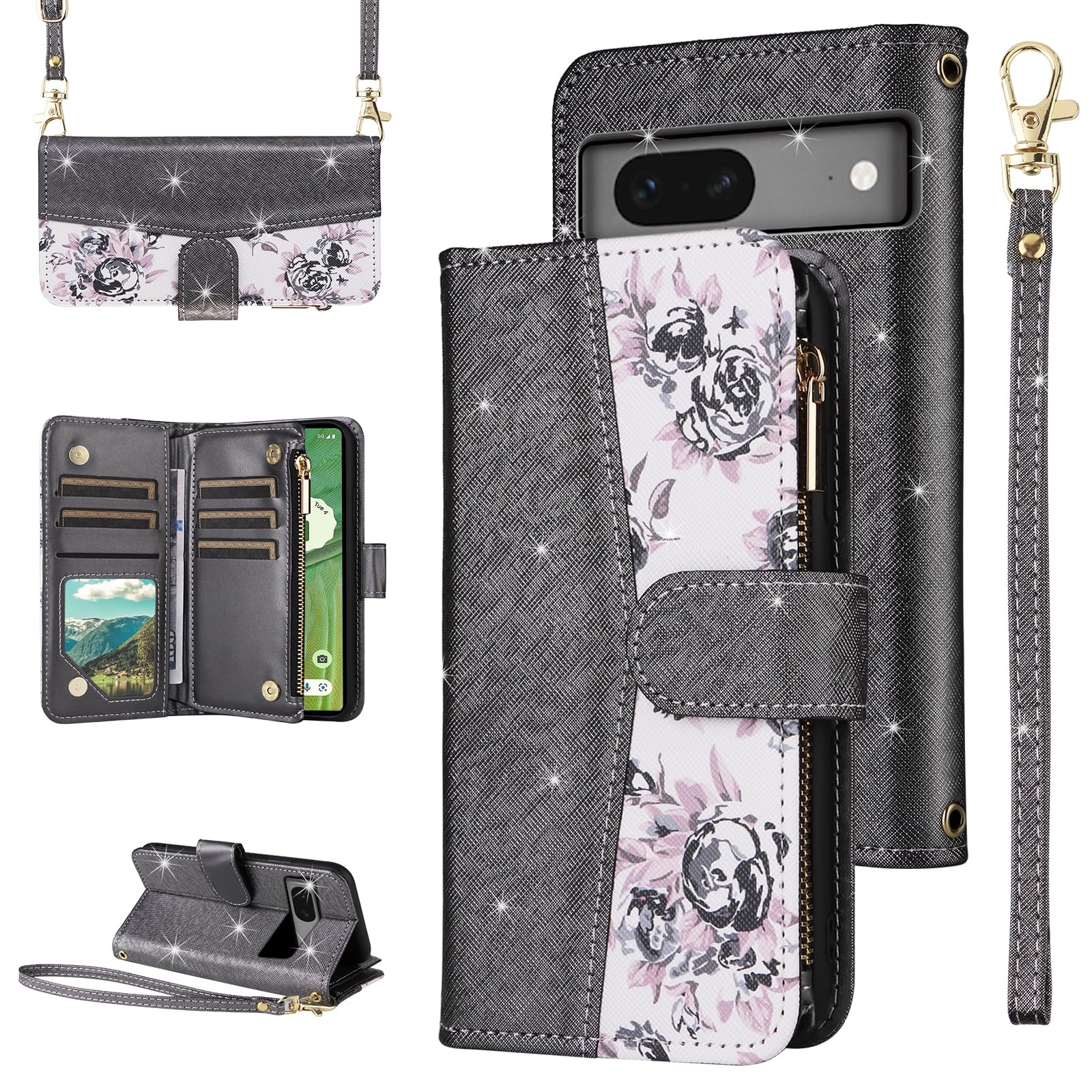 Furiet for Google Pixel 7 5G Floral Wallet Case with Flip Zipper Purse Wrist Strap Shoulder Strap, Luxury Glitter PU Leather Card Holder Stand Phone