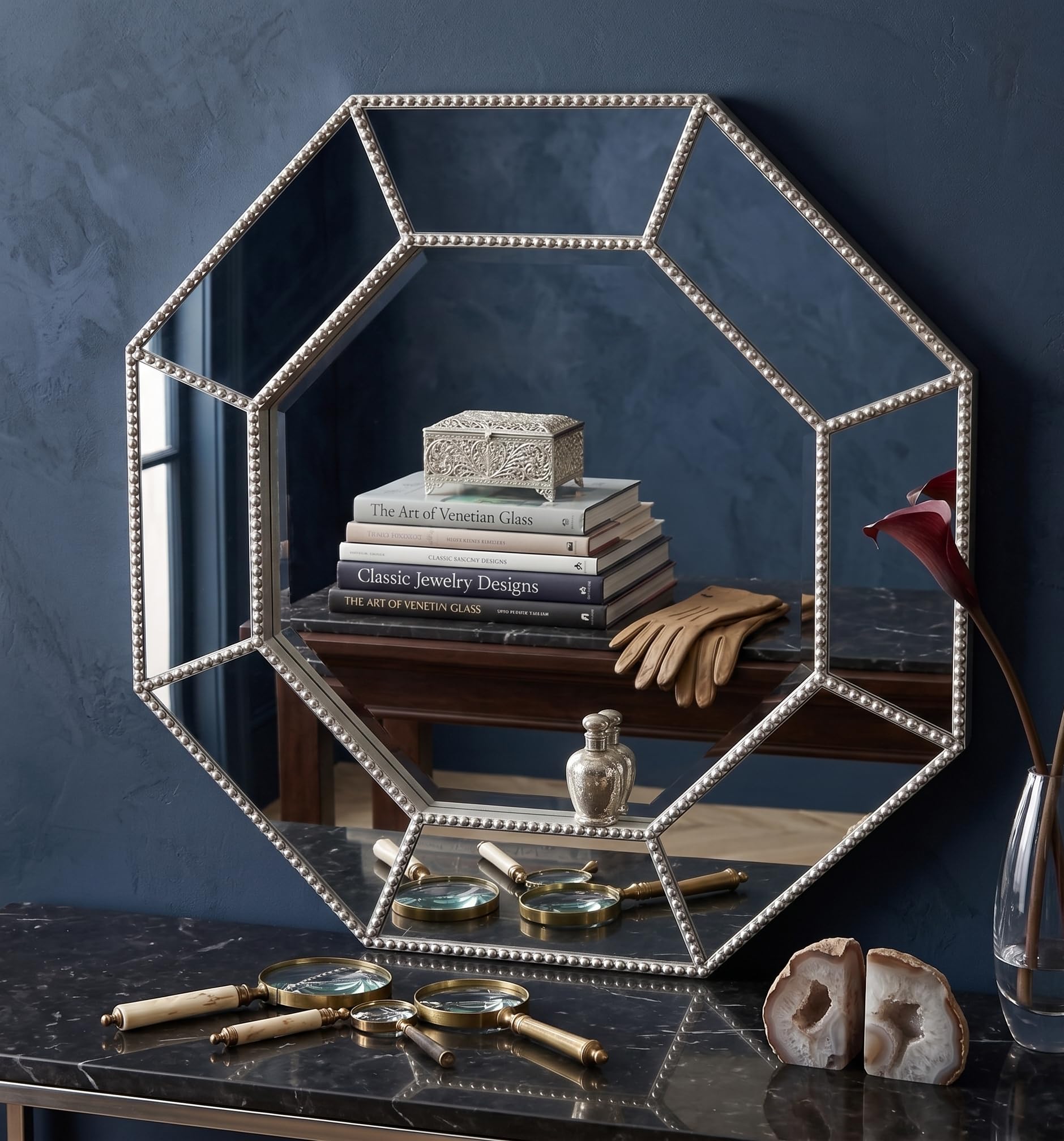 DEENZ Silver Hexagonal Frame Industrial Style Beaded Glass Wall Mounted Mirror 59Cm