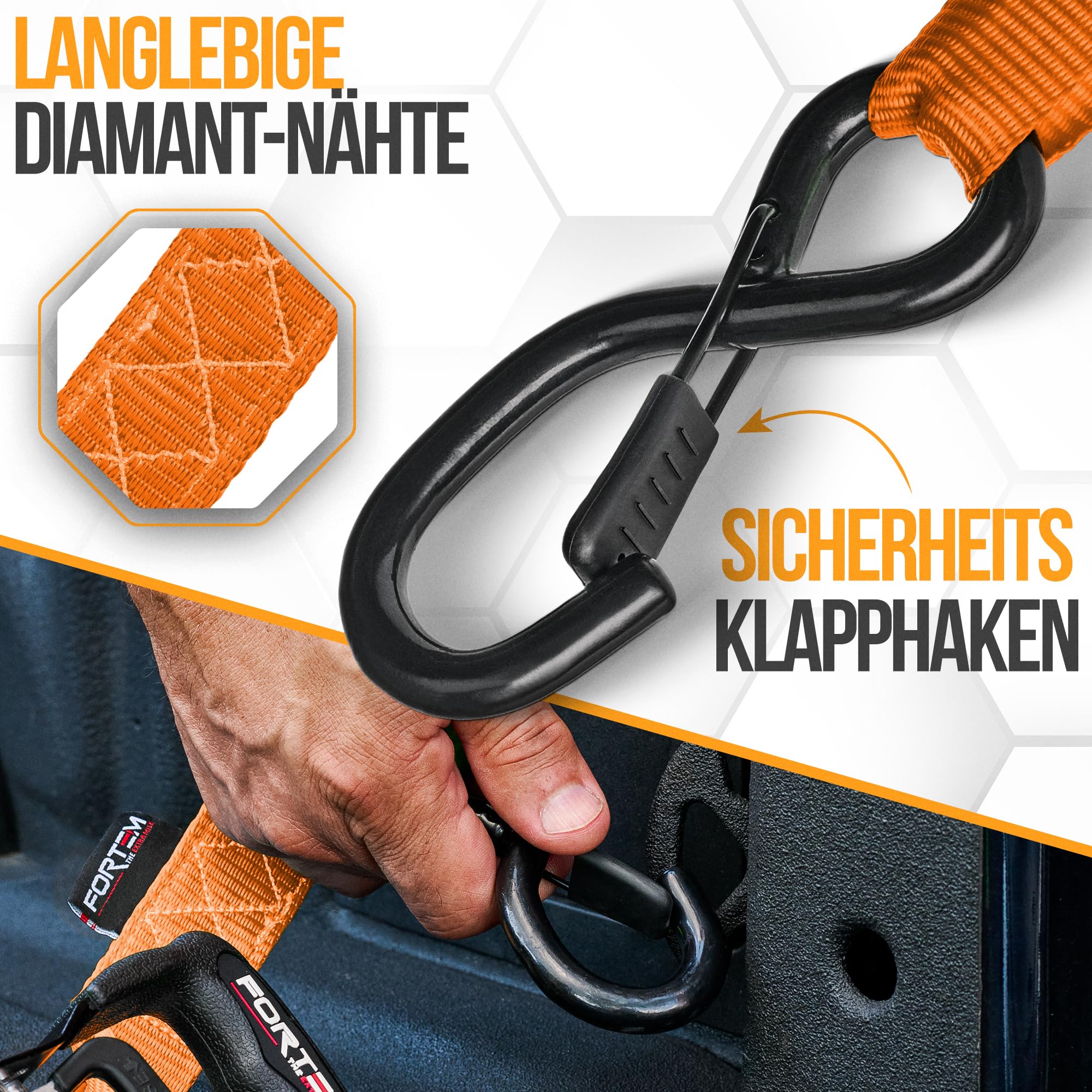 FORTEM Spanngurte mit Ratsche und Haken -Robustes 4er Spanngurt Set mit Zurrschlaufe–3,04m (2363 kg Bruchlast) -Spanngurte mit Haken (Kratzschutz Beschichtung), 4 Zurrgurte mit Ratsche, Komfortgriff