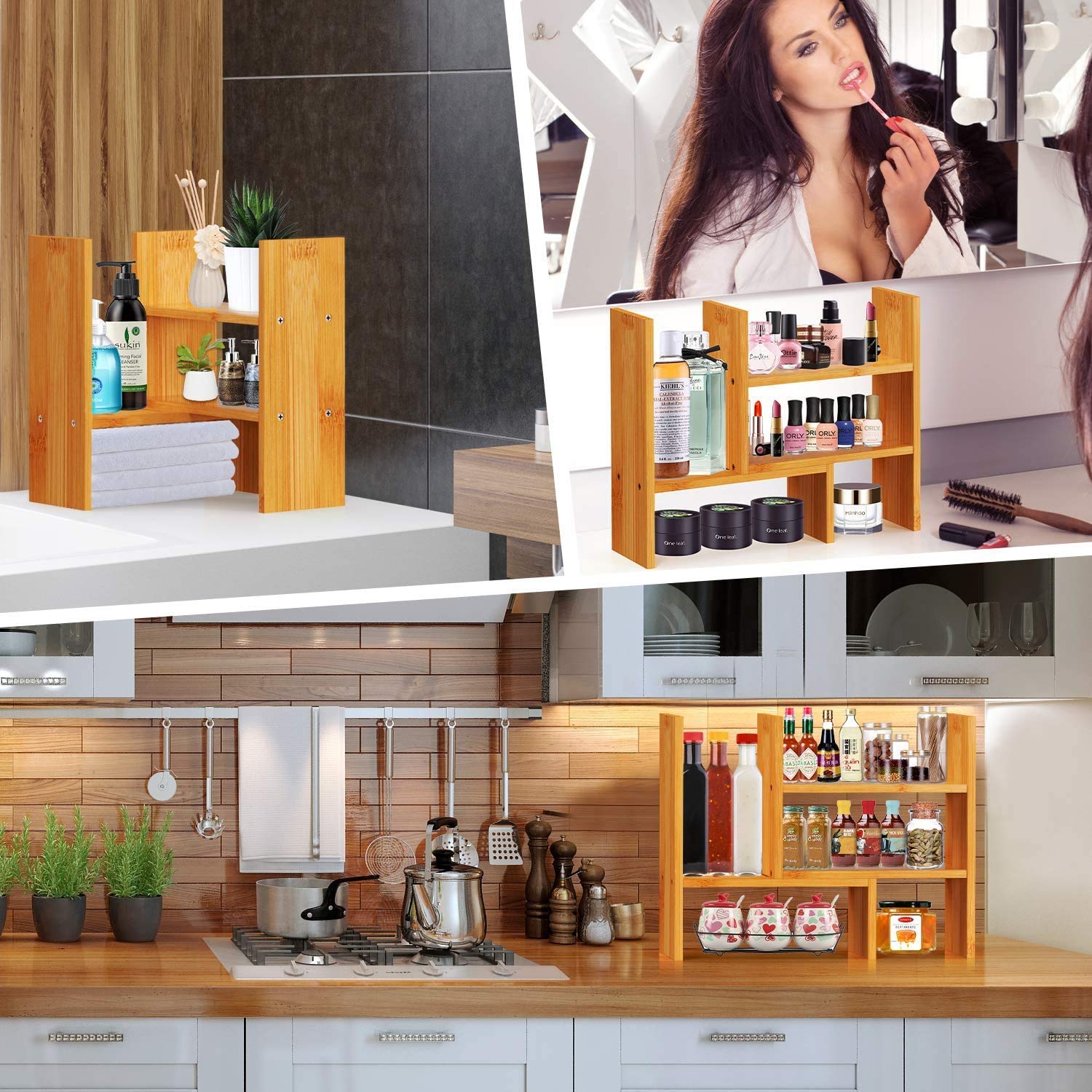 Pipishell Desk Shelf Oragnizer, Natural Bamboo Adjustable Desk Bookcase