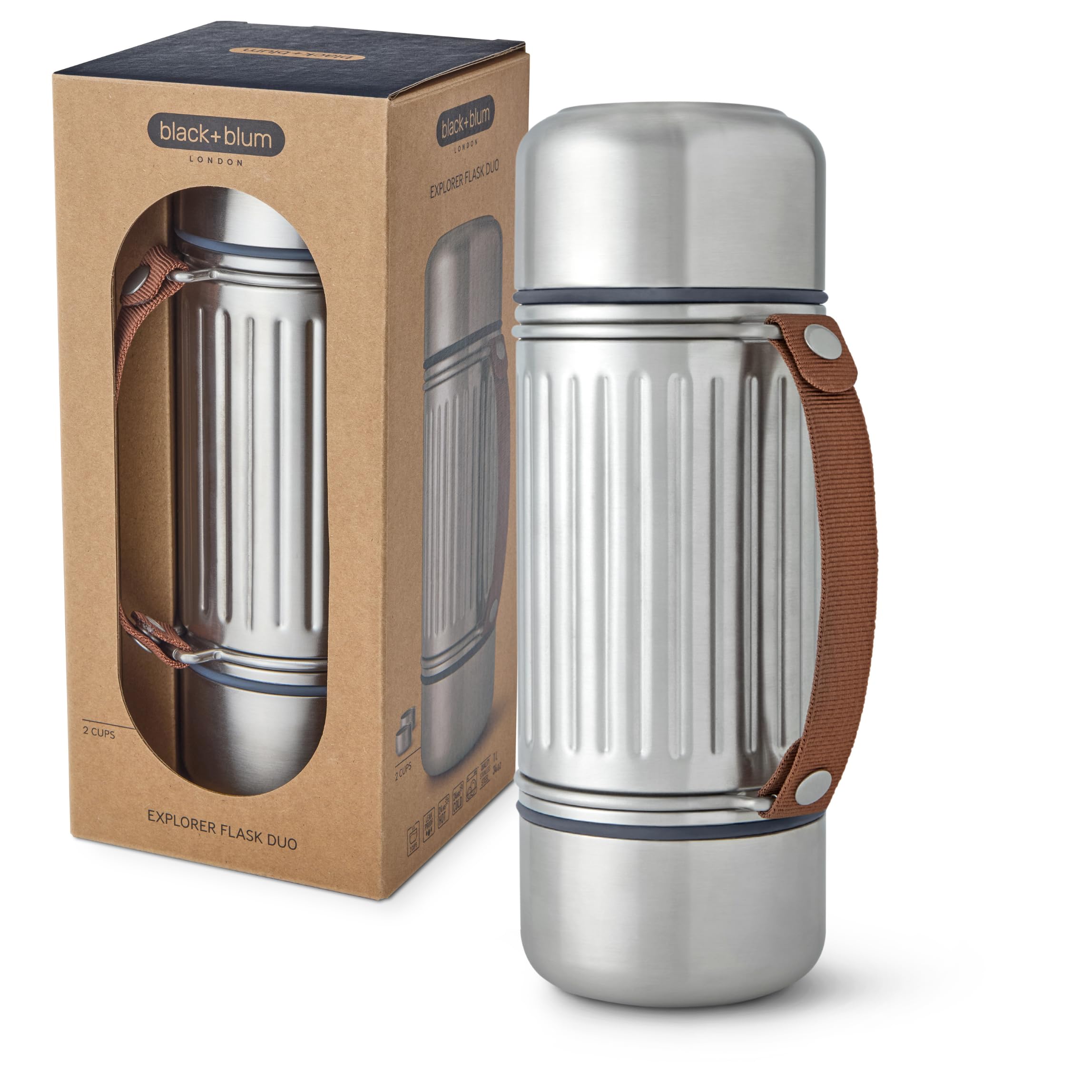 BLACK + BLUM Thermoskanne | Edelstahl Isolierflasche mit 2 Bechern | 1 L