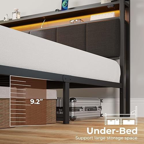 Miniatura 5 de Rolanstar Armazón de cama tamaño completo con estación de carga y luces LED, cabecera tapizada con estantes de almacenamiento, listones de metal