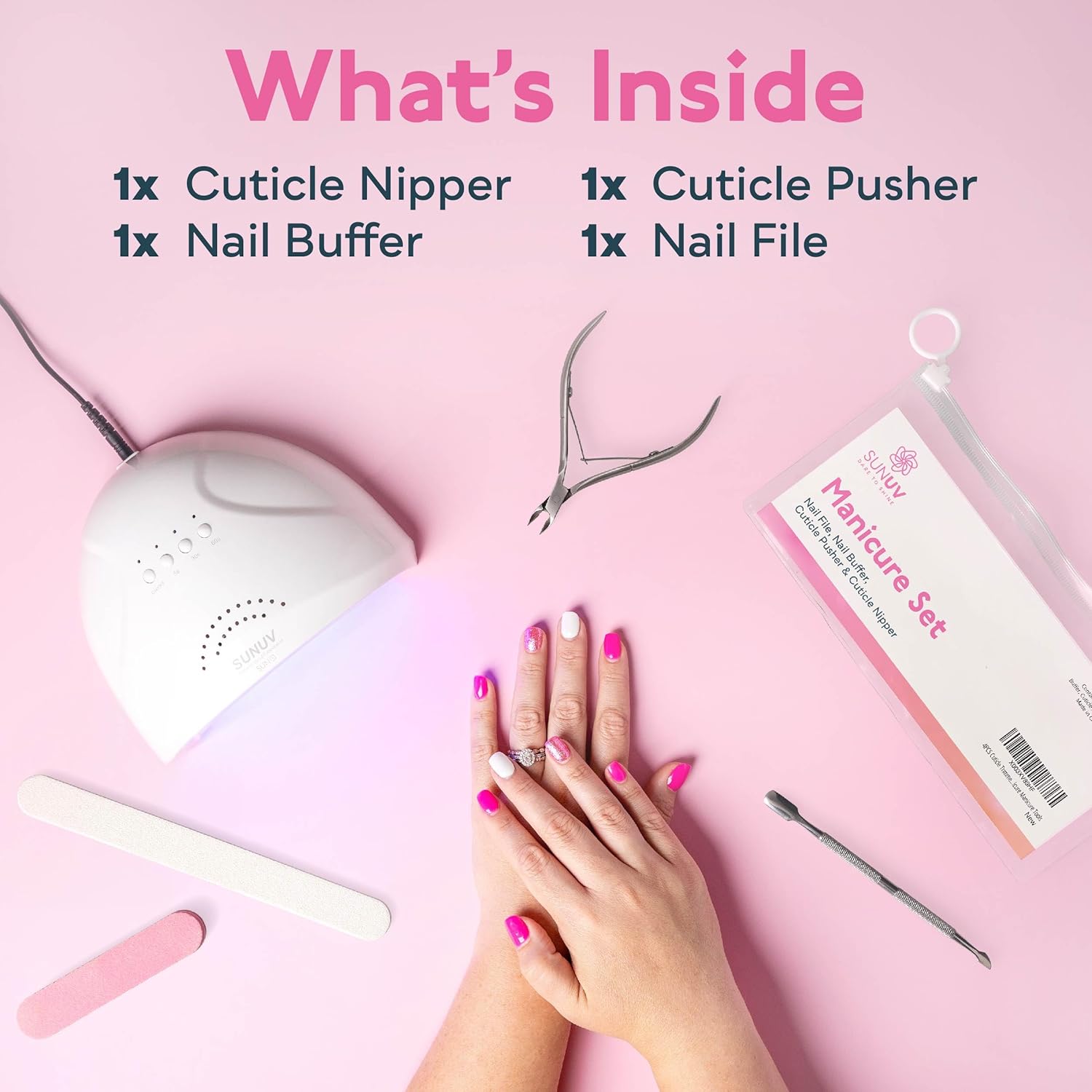SUNUV UV LED Nail Lamp with 4PCS Cuticle Nippers, Cuticle Pusher with Nail File and Buffer Set, Professional Stainless Steel Durable Pedicure Manicure Nail Care Tools