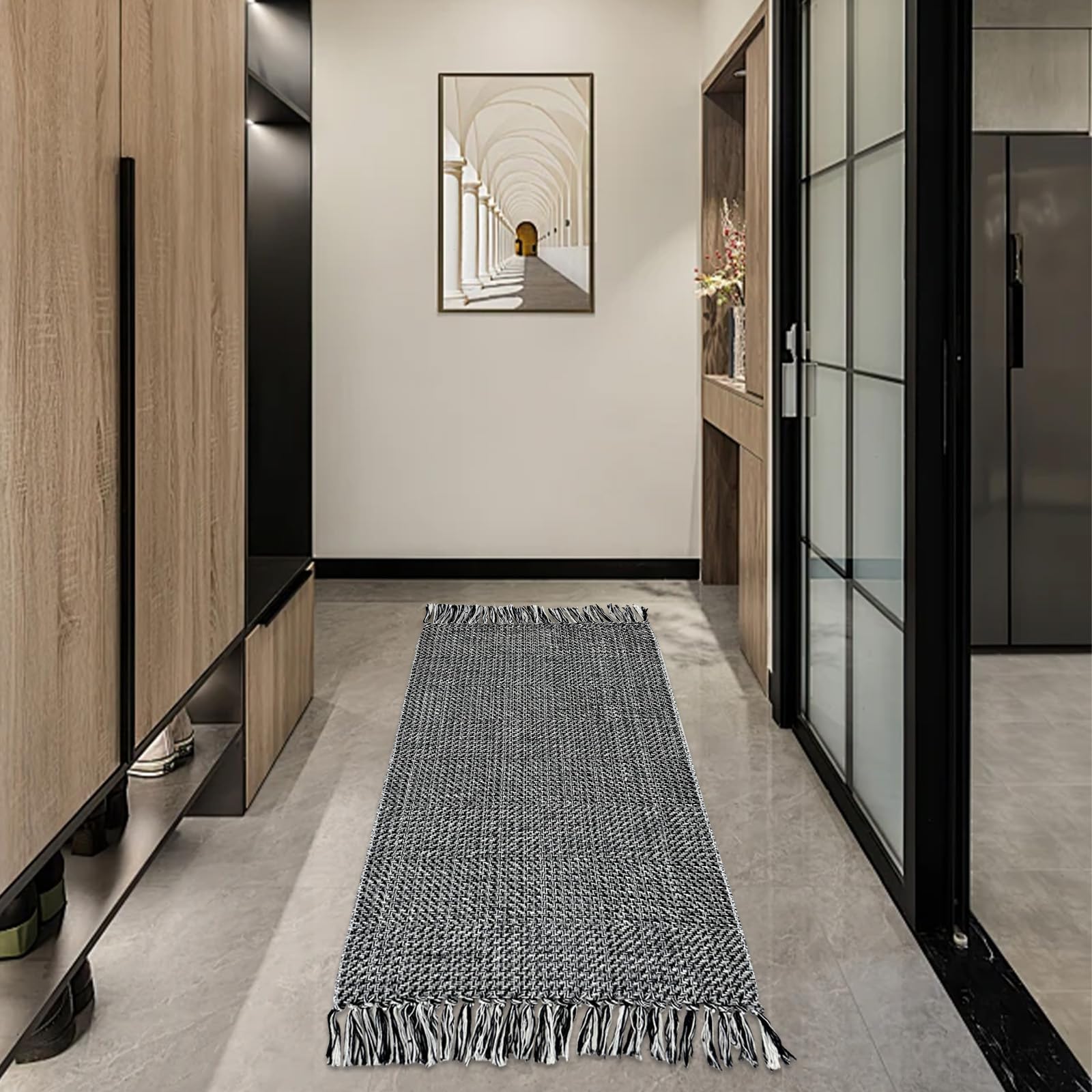USTIDE Hand Woven Natural Farmhouse Area Rug Cream Brown Reversible Area Rug Soft Cotton Floor Mat Porch Entryway Rug,Long Hallway Runner Rug,60x130cm