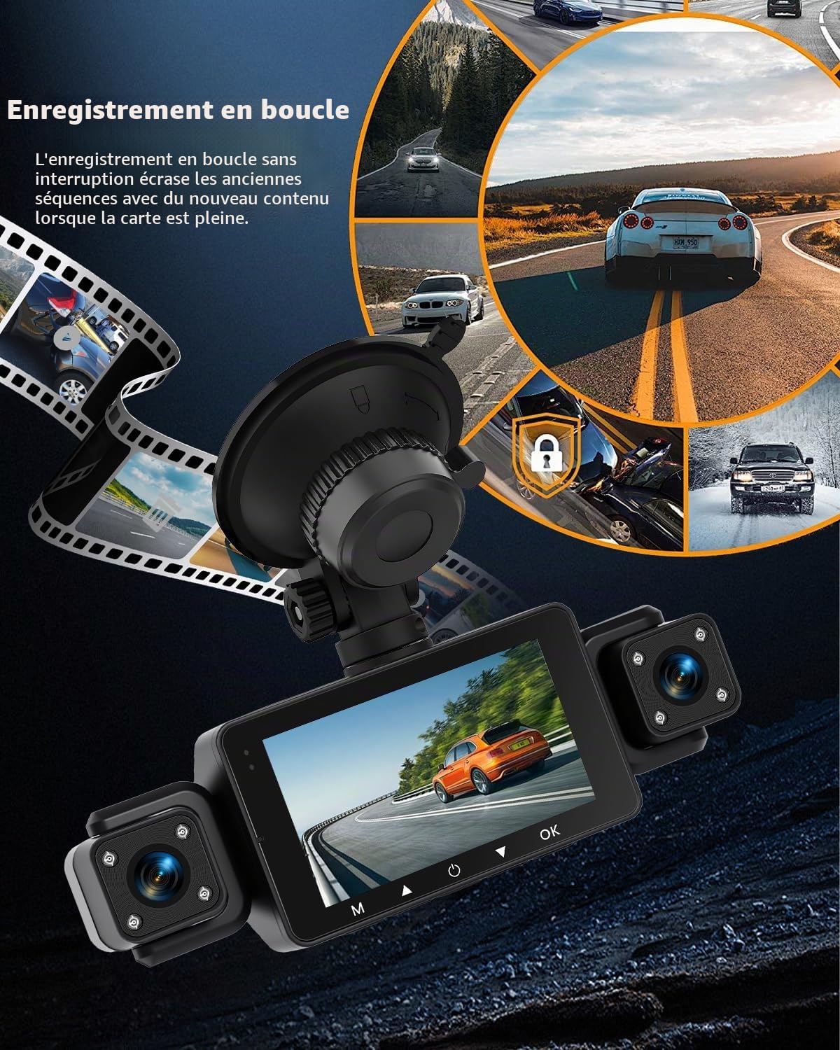 NHOPEEW Caméra Voiture 360° à 4 Canaux – Caméra Voiture 1080P avec G-Sense/Contrôle APP WiFi, Vision Nocturne IR/Enregistrement en Boucle/Détection de Mouvement