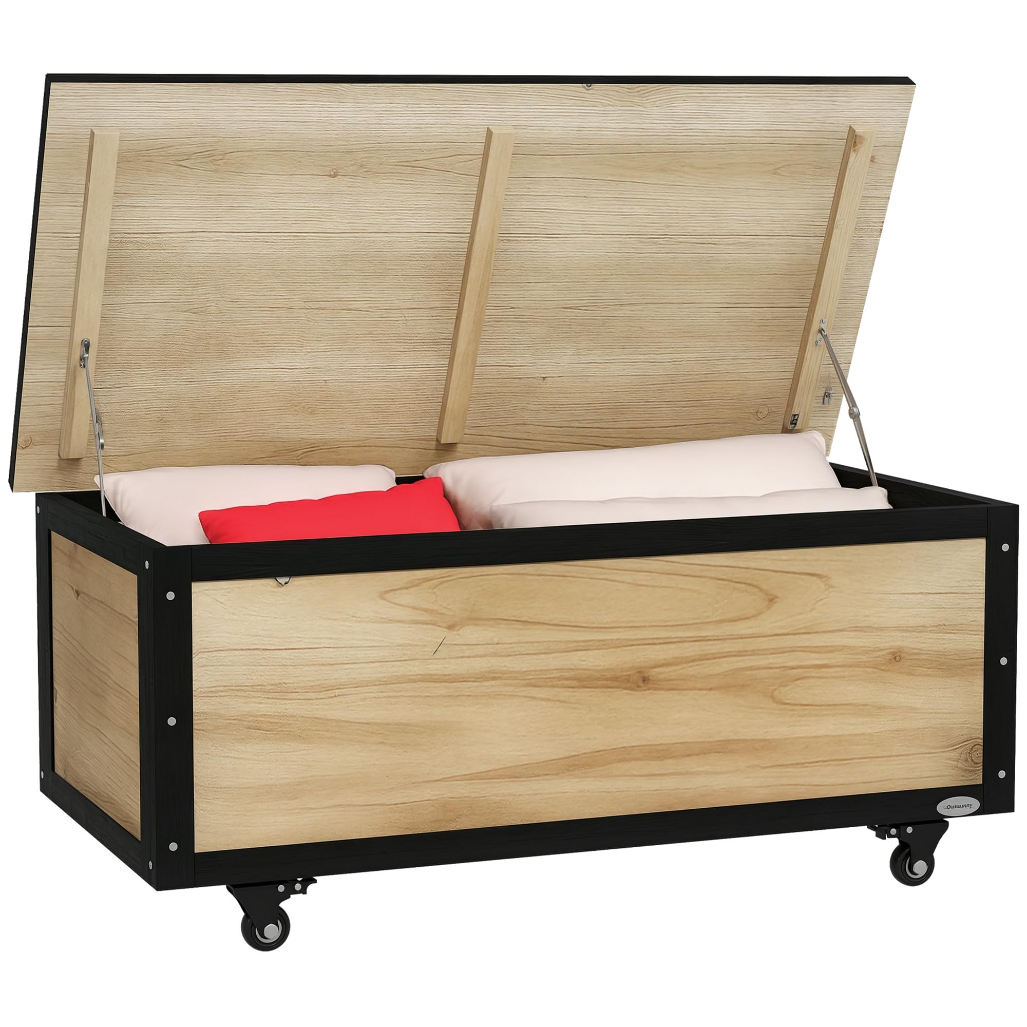 Outsunny Baúl de Exterior 121L Arcón Almacenaje de Madera con 4 Ruedas para Jardín Patio Balcón 100x50x43 cm Natural y Negro