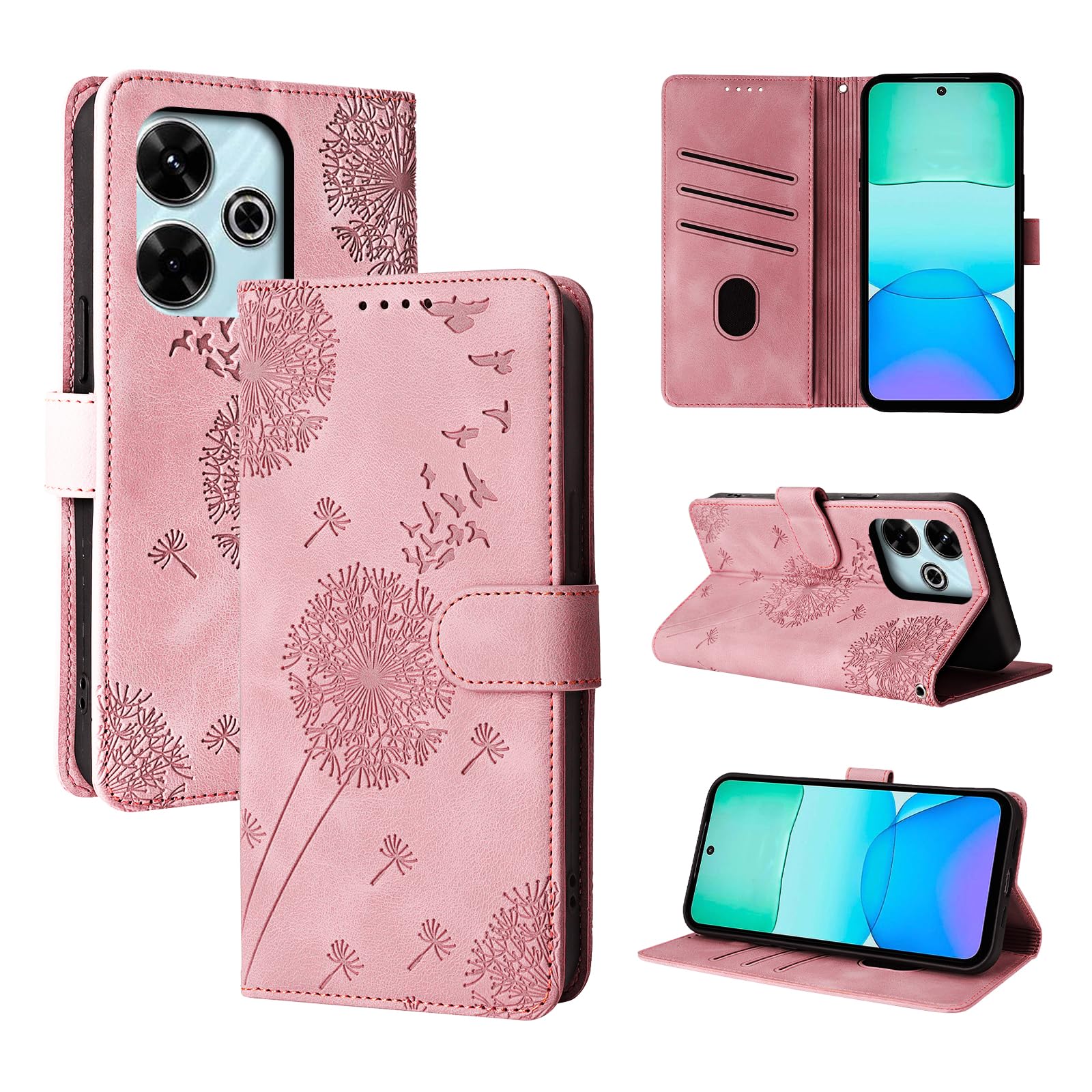 Rostsant Case for Xiaomi Redmi 13 4G Dandelion Cover Premium PU Leather Flip Phone Case Wallet Card Slots Protective Cover for Xiaomi Redmi 13 4G Rosegold