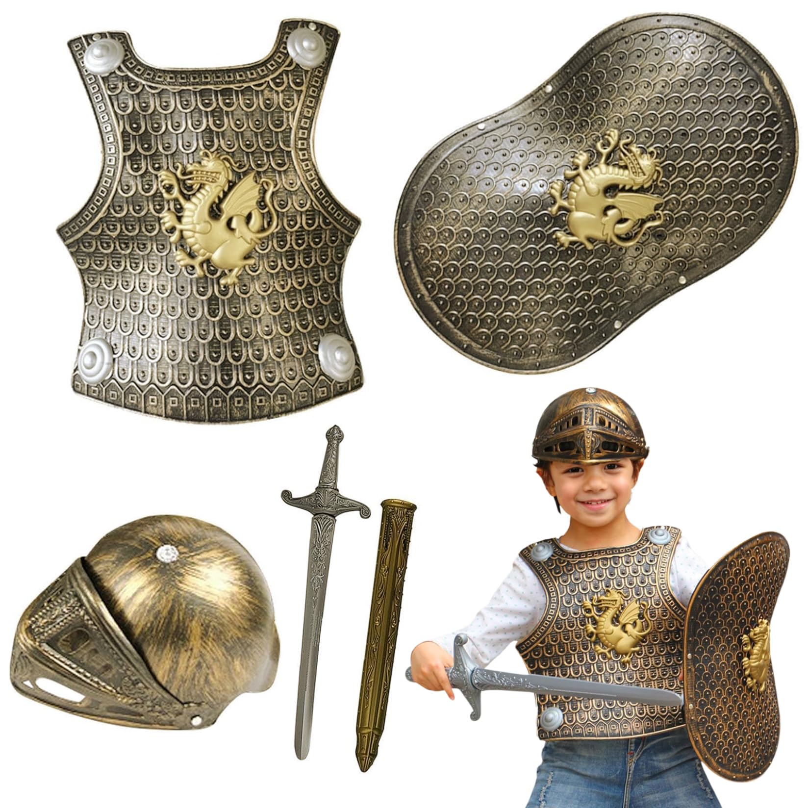 Costume De Chevalier 10 Pièces – Armure, Casque, Bouclier, épée, Hache – Déguisement Enfant – Pour Halloween, Jeux De Rôle
