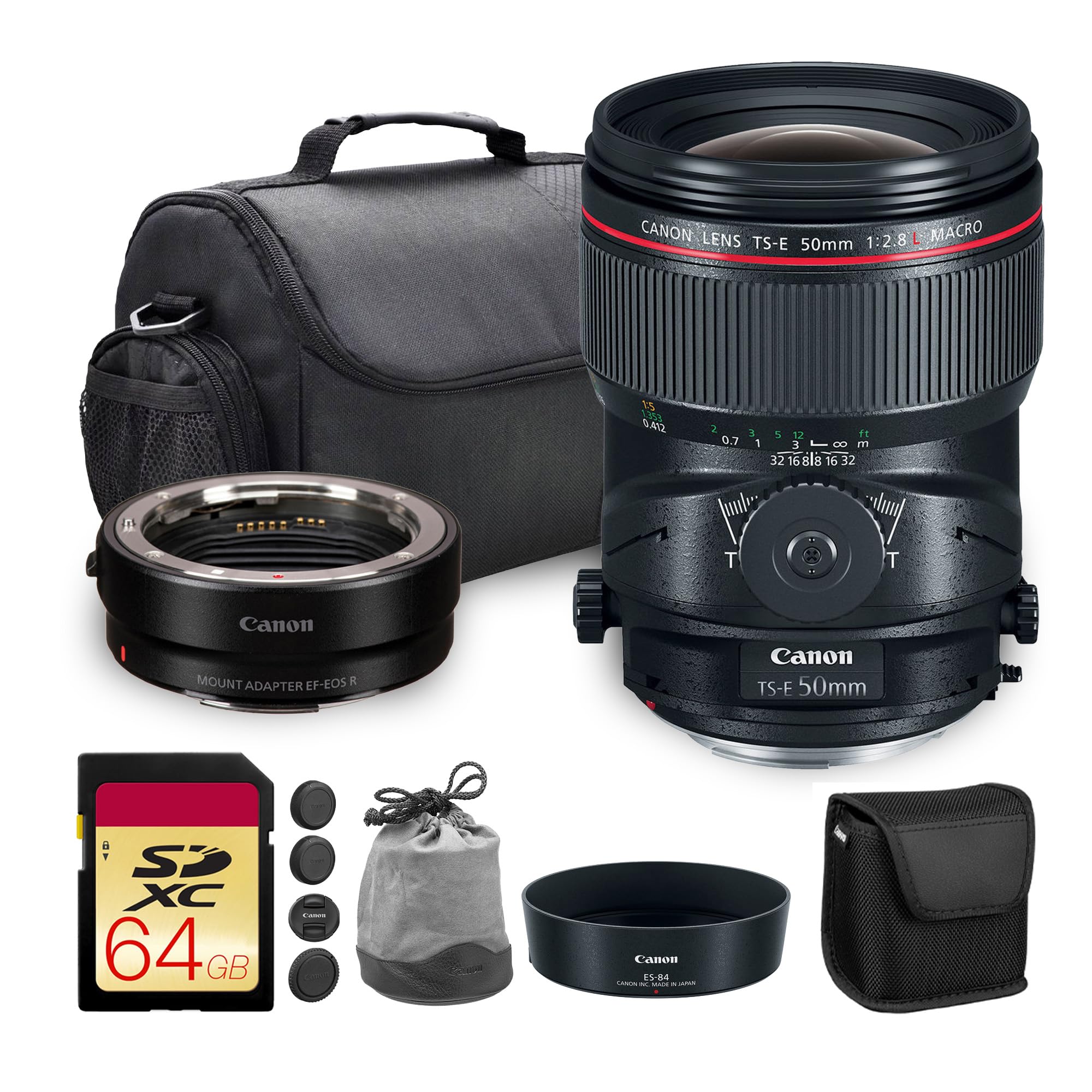 Canon TS-E 50mm f/2.8L Macro Tilt-Shift Lens| L-Series Prime with Perspective Control & Close-Focus Macro| Perfect for Architecture & Studio Photography(2273C002) + Adapter EF-EOS R + Bag + 64GB Card