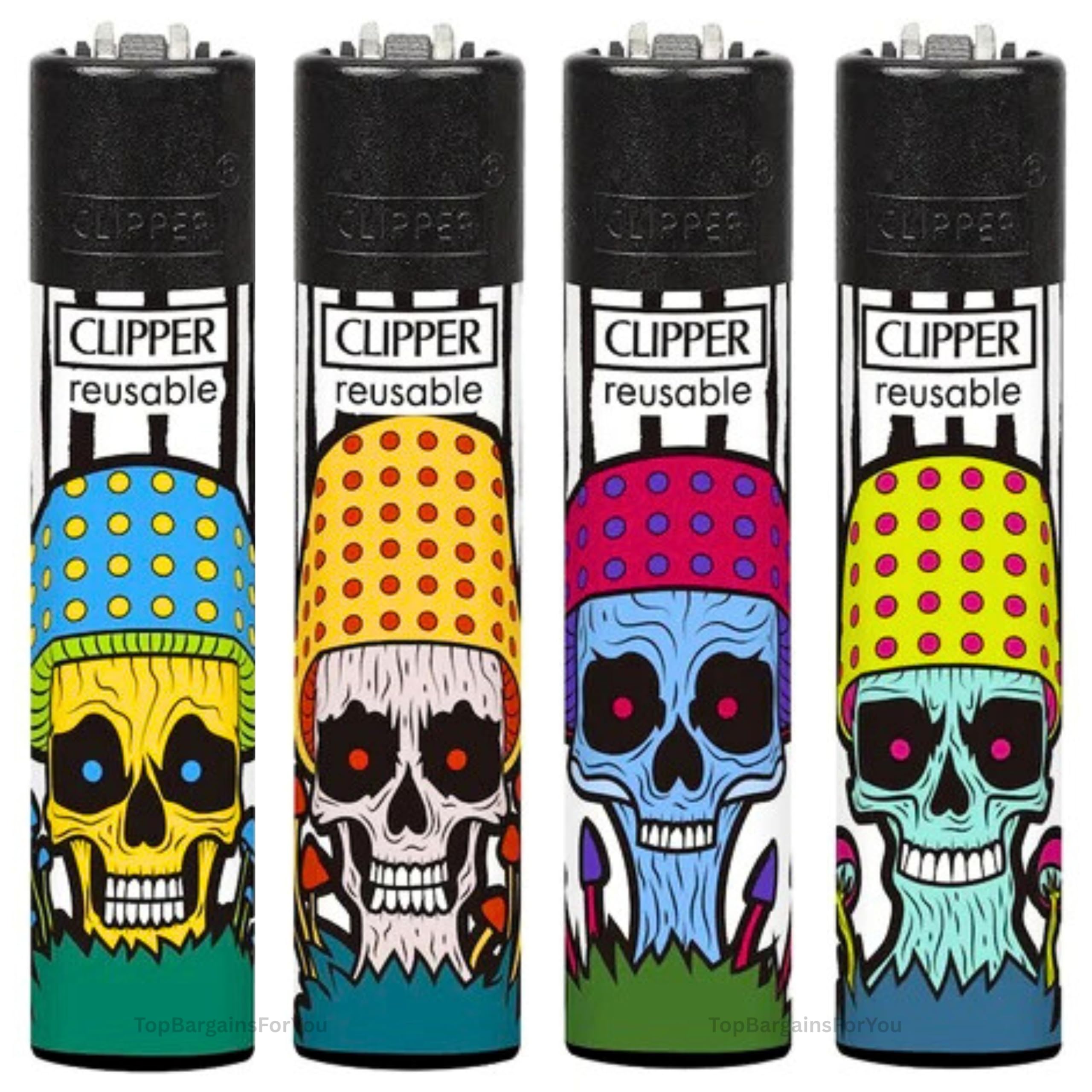 Zactly - 4 x Clipper Lighter SHROOMS SKULLS Design Set Gas Refillable Lighters Standard Size Replaceable Flint Rare Limited Edition