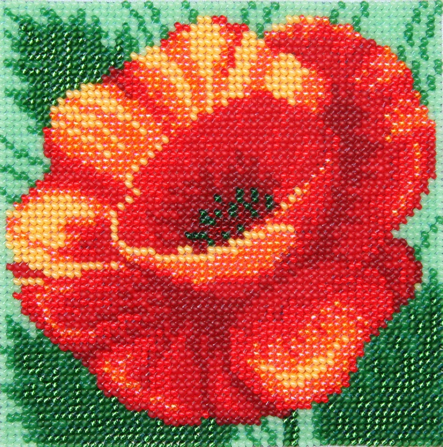 Red Poppy - TN-0350 - Bead Embroidery kit - 4.7" x 4.7" / 12 x 12 cm - DIY Kit with Beads - Contemporary Embroidery - Needlework - Handcraft - Needle Arts - Decor