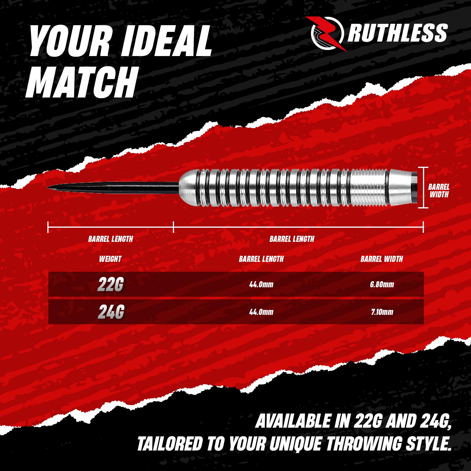 RUTHLESS Ranger I Professional zestaw rzutek ze stali wolframowej w rozmiarach 22 g i 24 g, z lokami i trzonkami
