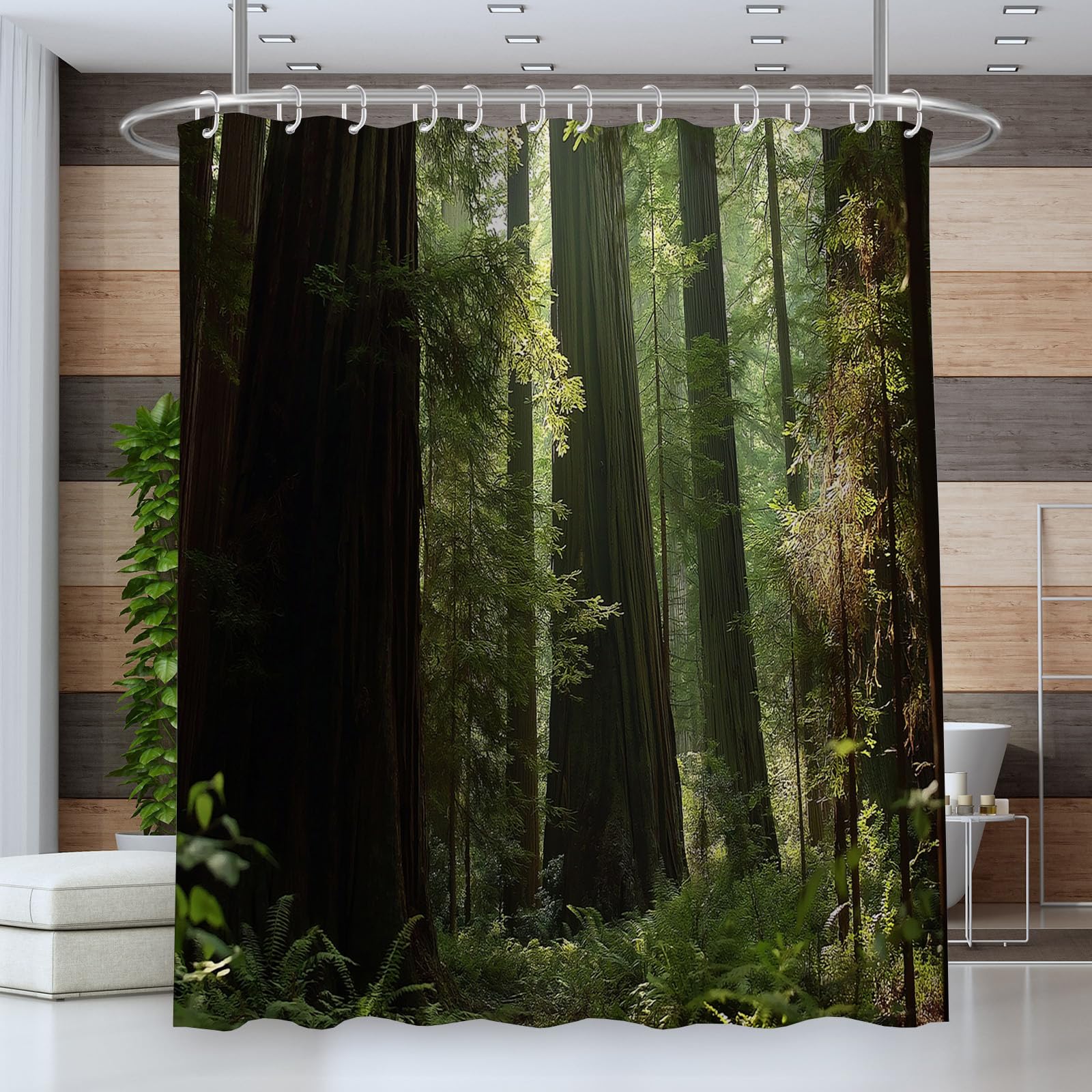 Cortina de Ducha Bosque240x200cm,Tronco Hojas Lavables Cortina de Baño，Poliéster Textil Impermeable Cortina Ducha para Bañera con 12 Ganchos