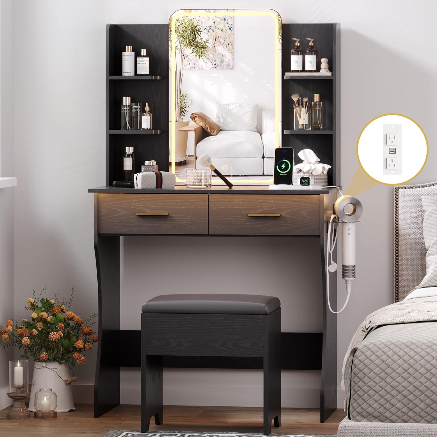 Amazon.com: Small Vanity Desk with Mirror and Lights, Makeup Vanity ...