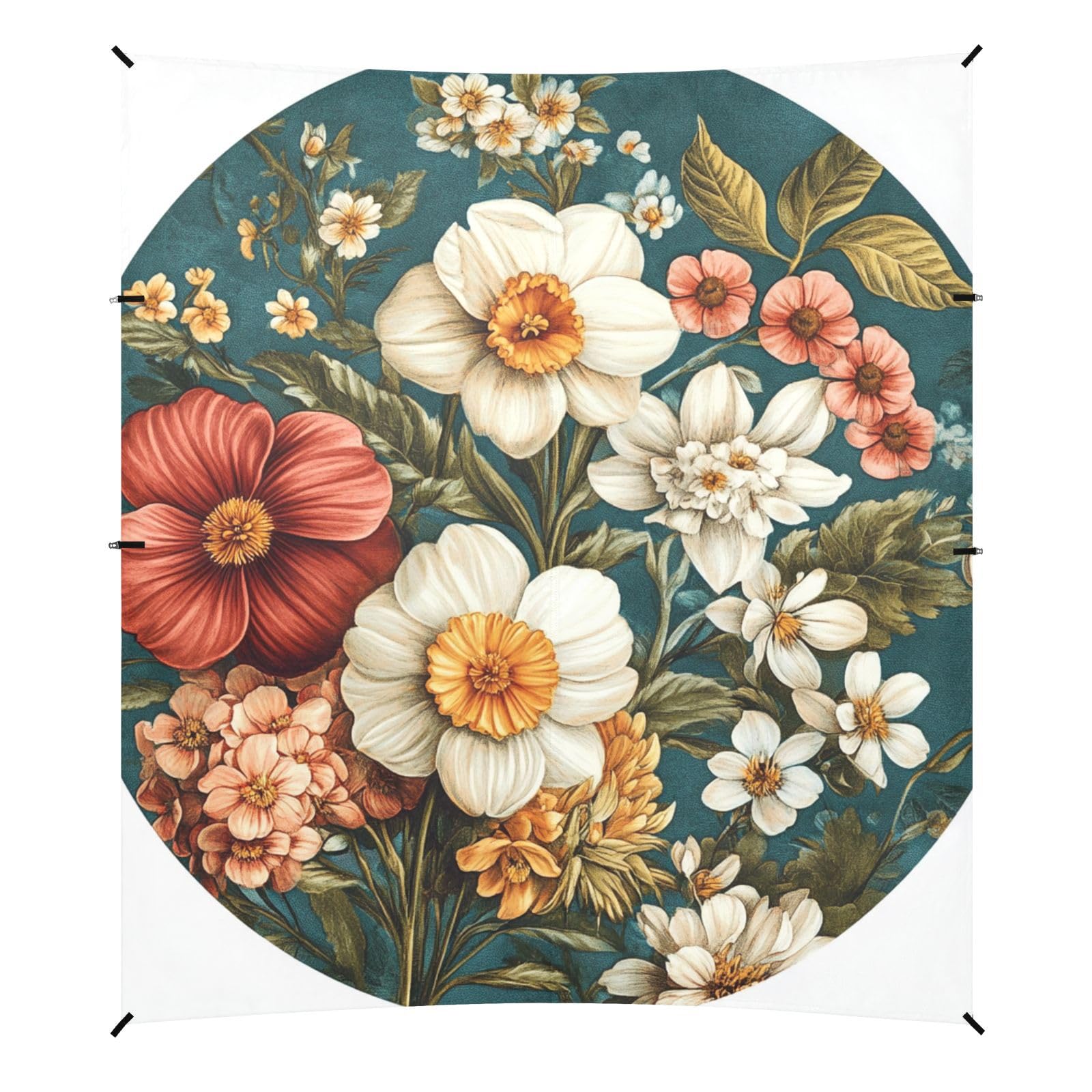 Florals Daffodil Bleeding Heart Dahlia Teal Beach Tent UPF50+ Waterproof Shade Sun Shelter with Sand Shovel, Sandbags for Family Travel