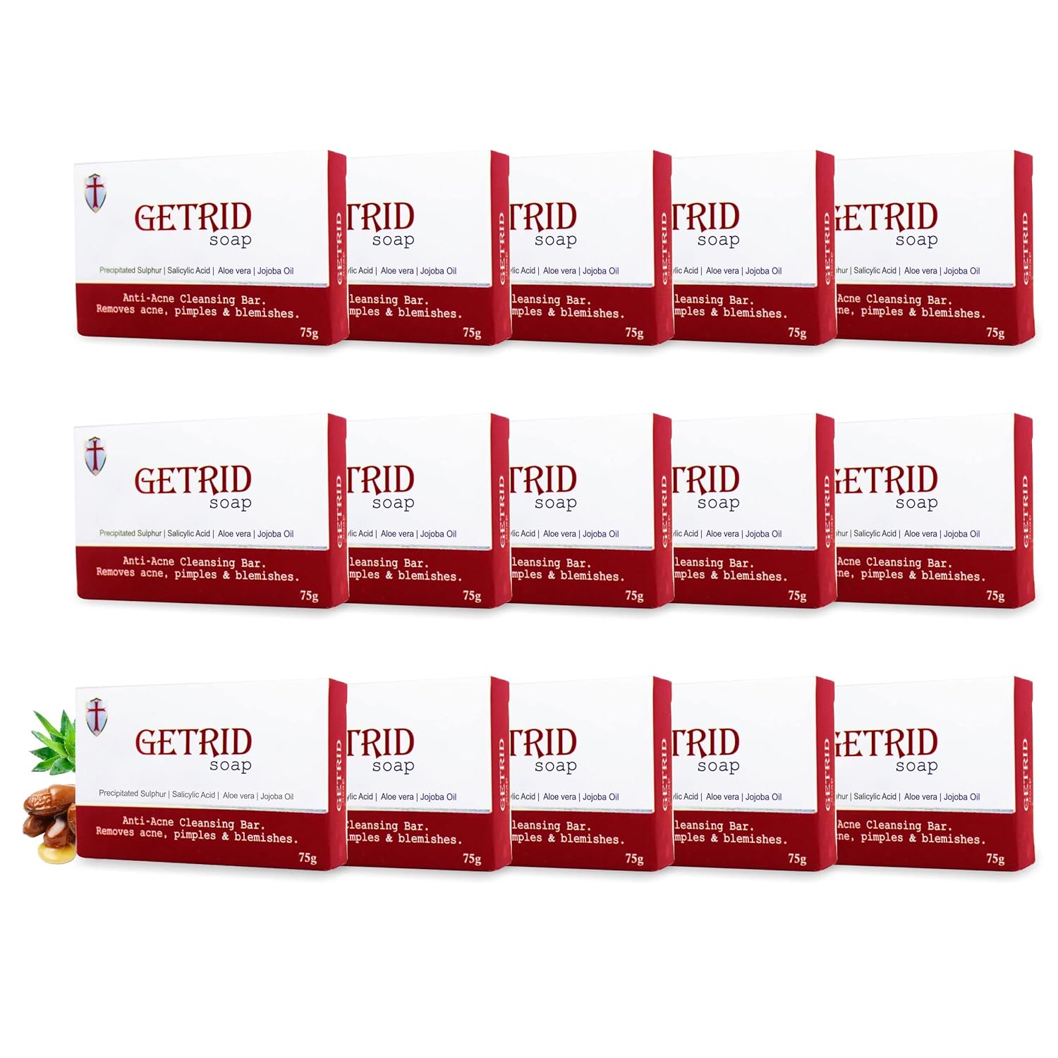 GETRID Anti-Acne Sulfur & Salicylic Acid Soap Bar - 75g / 2.65 oz (Pack of 15) | For Acne-Prone Skin | Deep Cleansing & Exfoliating Soap | Aloe Vera & Jojoba Oil Infused